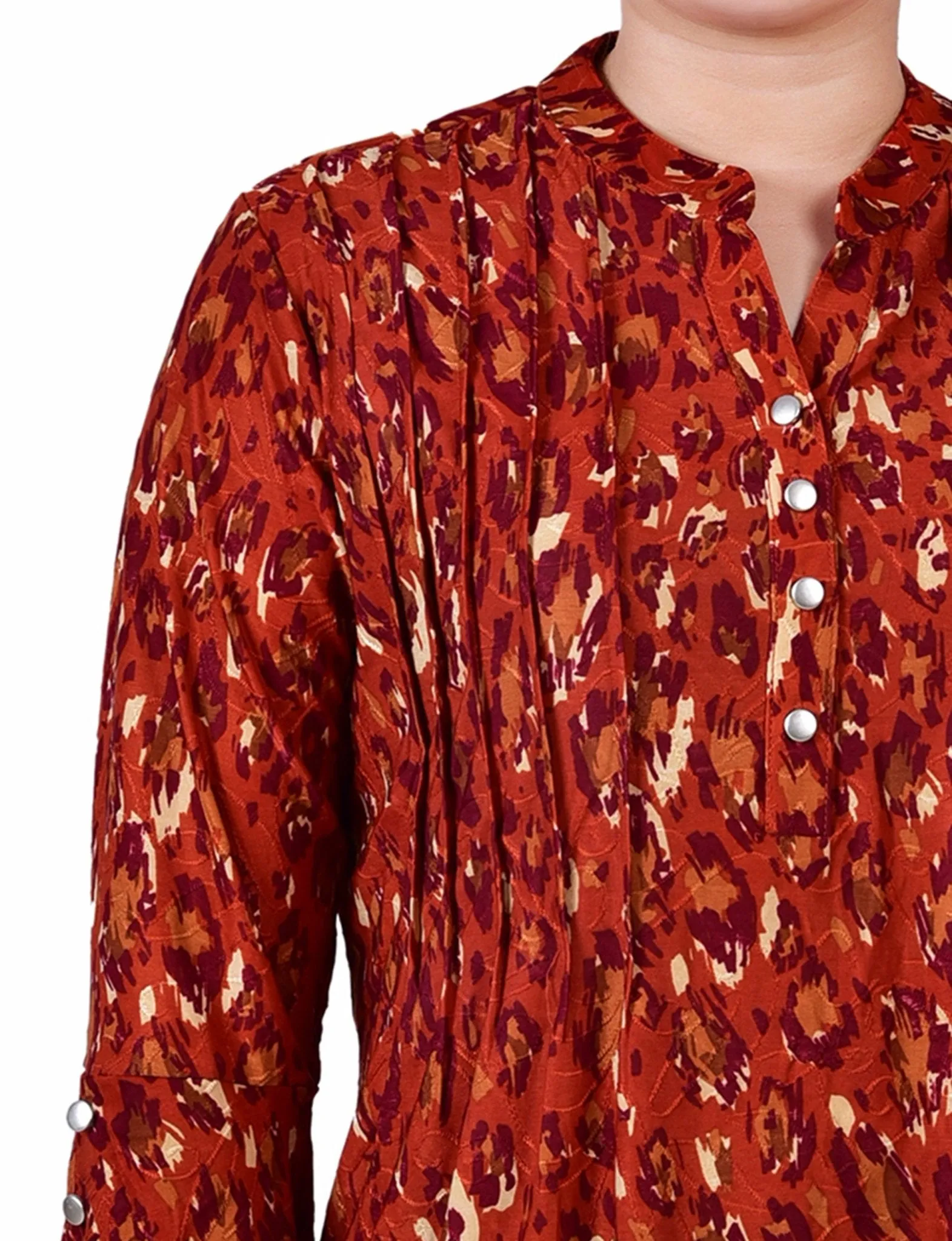 Rust Gold Purple 3/4 Sleeve Overlapped Bell Sleeve Y Neck Top - Petite sold by Dress Barn product image thumbnail 3