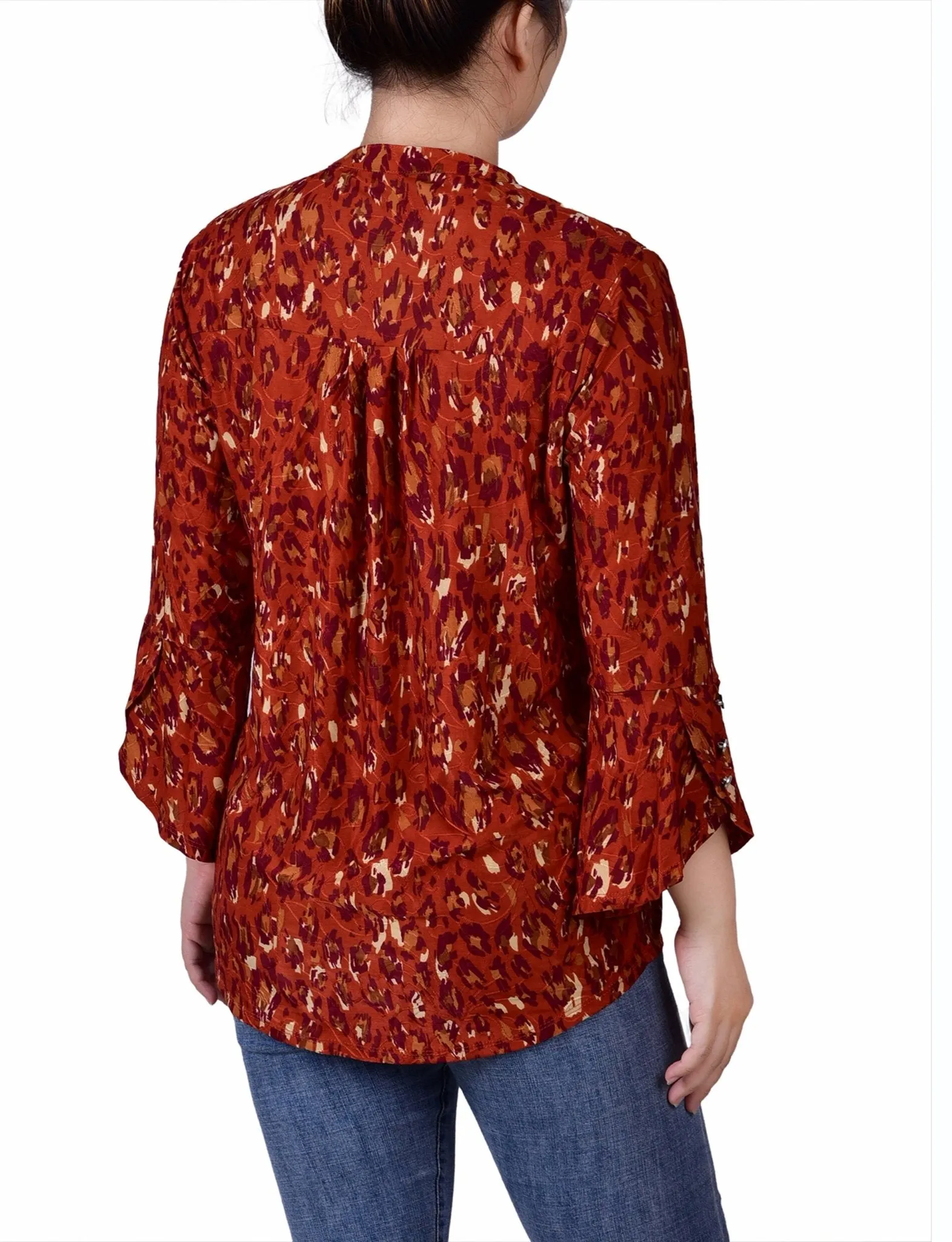 Rust Gold Purple 3/4 Sleeve Overlapped Bell Sleeve Y Neck Top - Petite sold by Dress Barn product image thumbnail 4