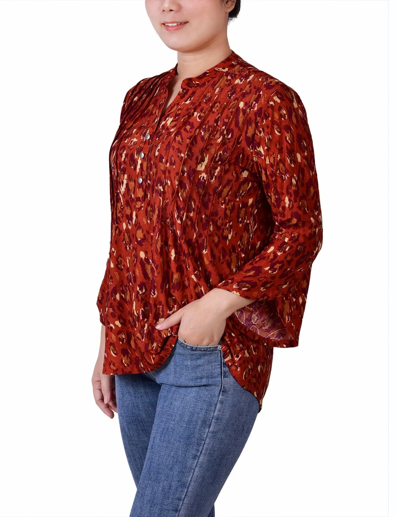 Rust Gold Purple 3/4 Sleeve Overlapped Bell Sleeve Y Neck Top - Petite sold by Dress Barn product image thumbnail 2