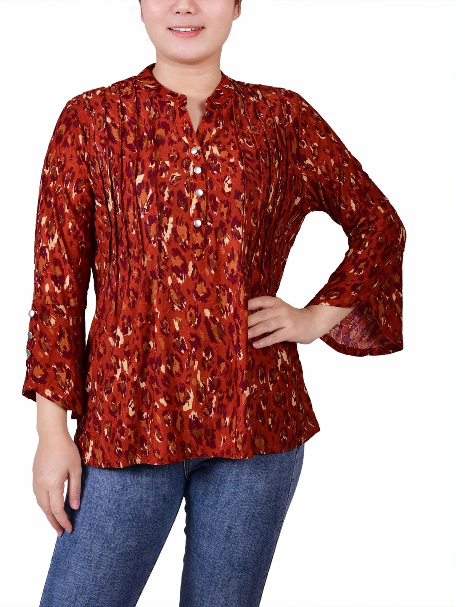 Rust Gold Purple 3/4 Sleeve Overlapped Bell Sleeve Y Neck Top - Petite sold by Dress Barn