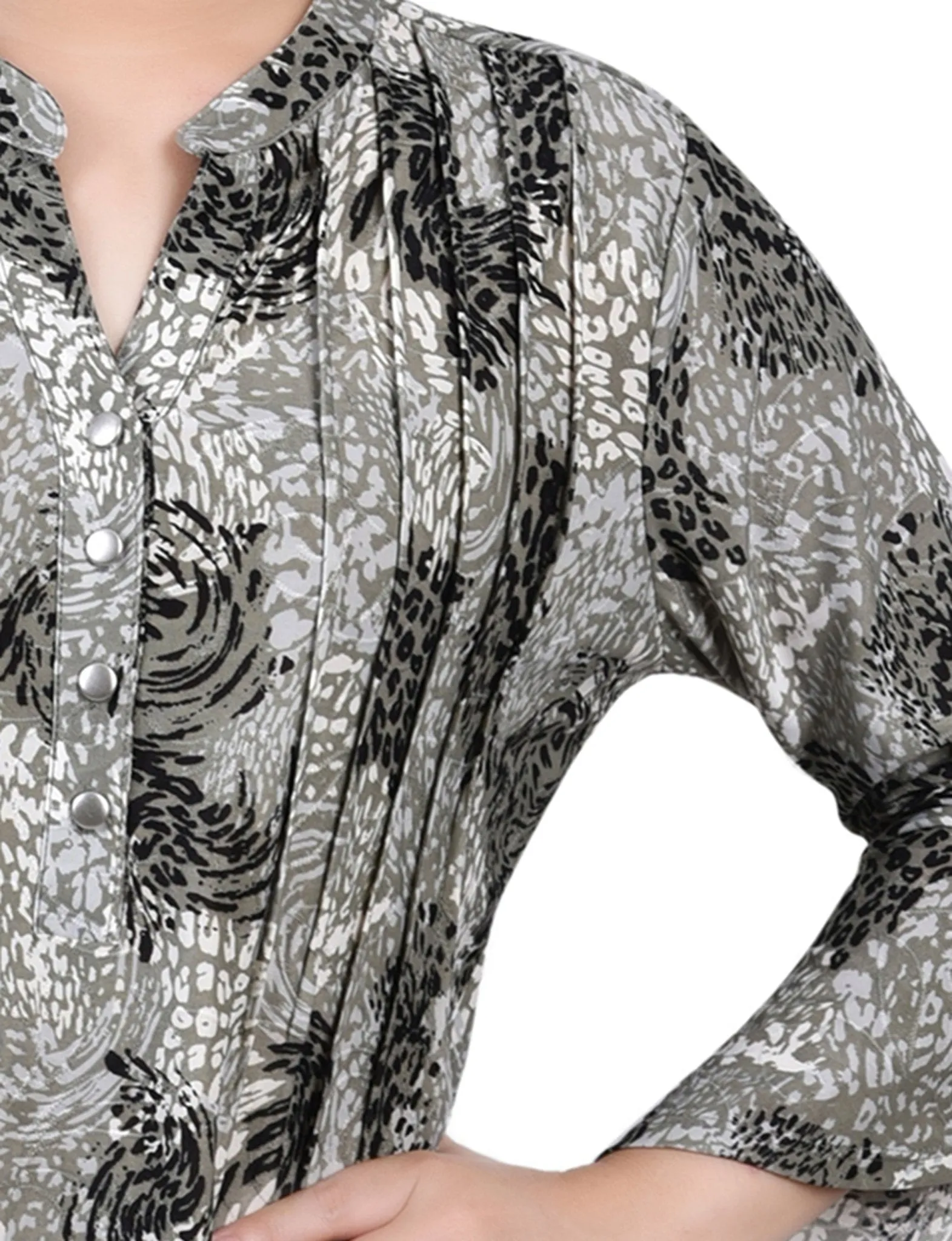 Shadow Black Animal 3/4 Sleeve Overlapped Bell Sleeve Y Neck Top - Petite sold by Dress Barn product image thumbnail 3