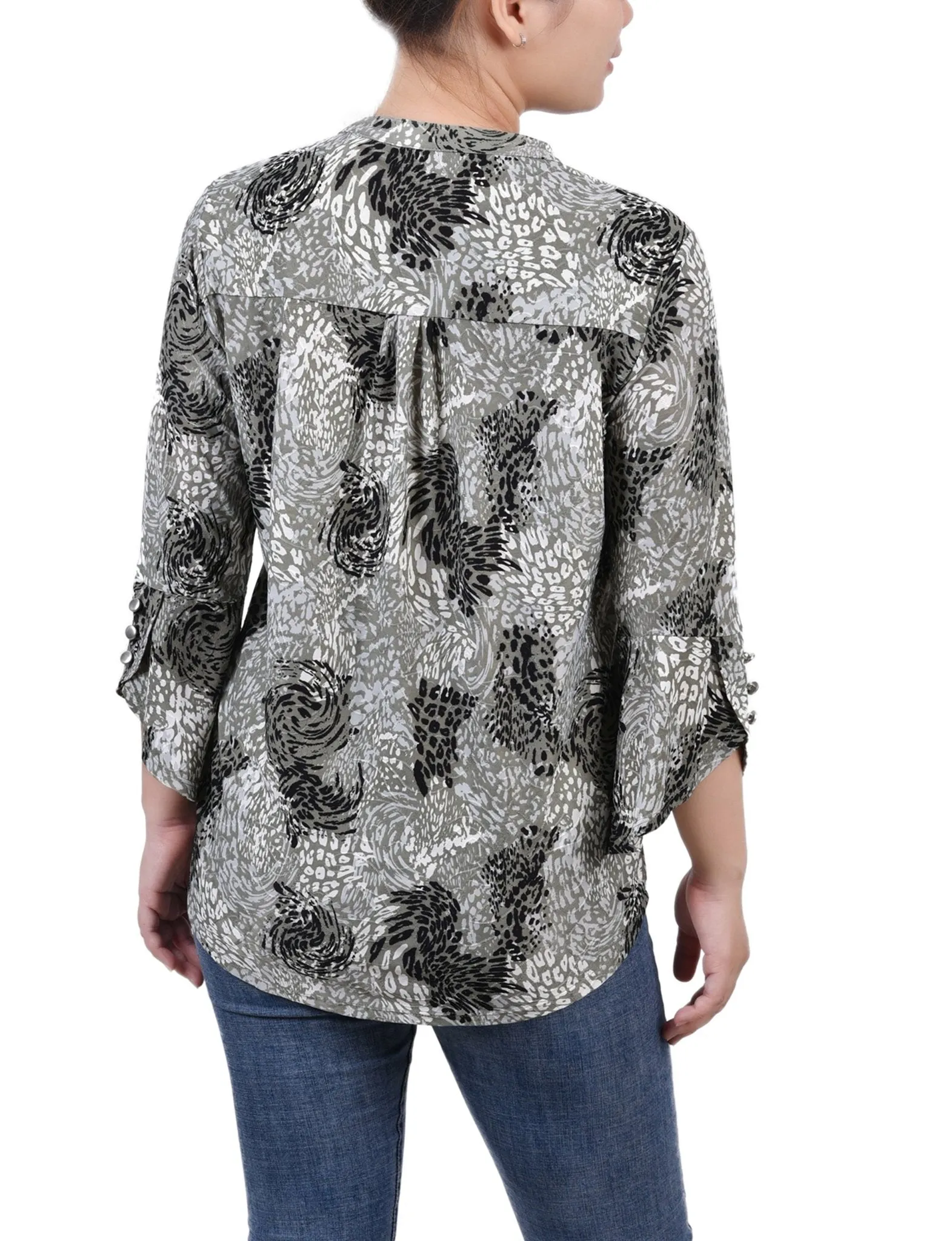 Shadow Black Animal 3/4 Sleeve Overlapped Bell Sleeve Y Neck Top - Petite sold by Dress Barn product image thumbnail 4