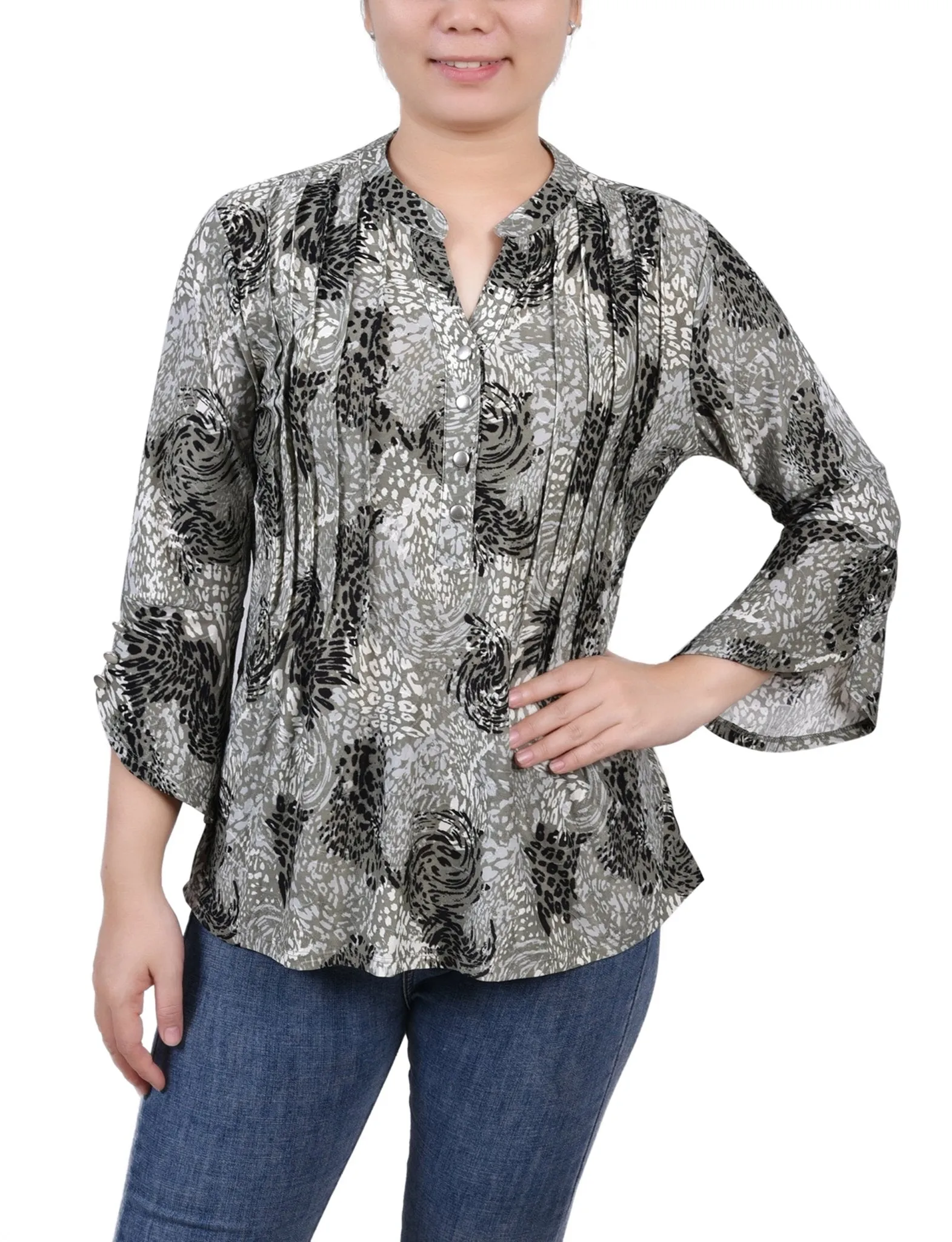 Shadow Black Animal 3/4 Sleeve Overlapped Bell Sleeve Y Neck Top - Petite sold by Dress Barn
