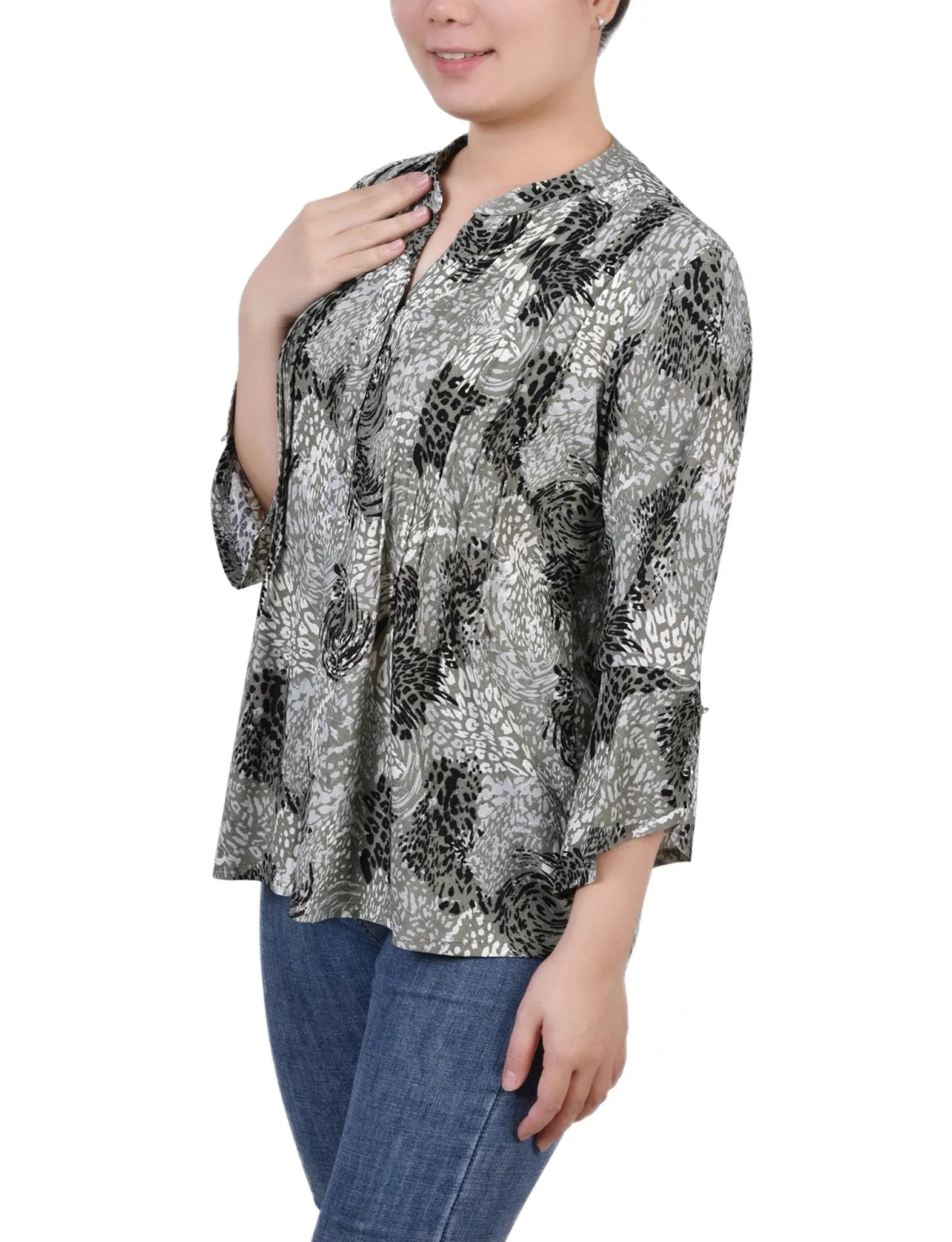 Shadow Black Animal 3/4 Sleeve Overlapped Bell Sleeve Y Neck Top - Petite sold by Dress Barn product image thumbnail 2