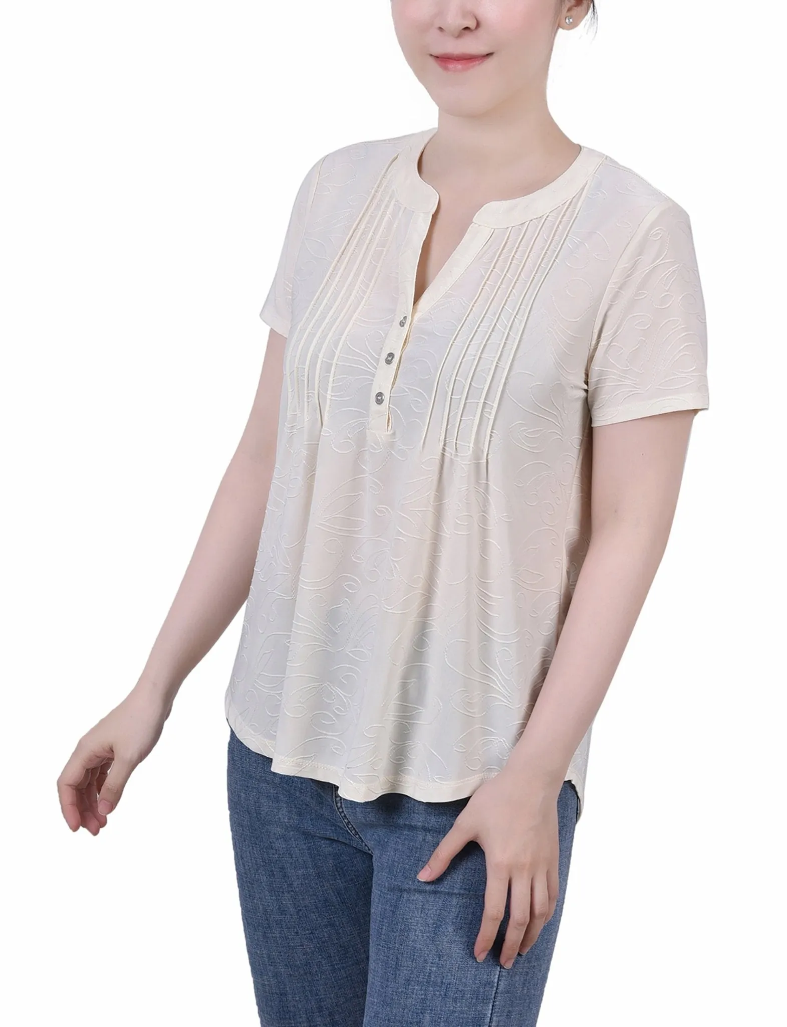 Pristine Short Sleeve Y Neck Jacquard Knit Top - Petite sold by Dress Barn product image thumbnail 2