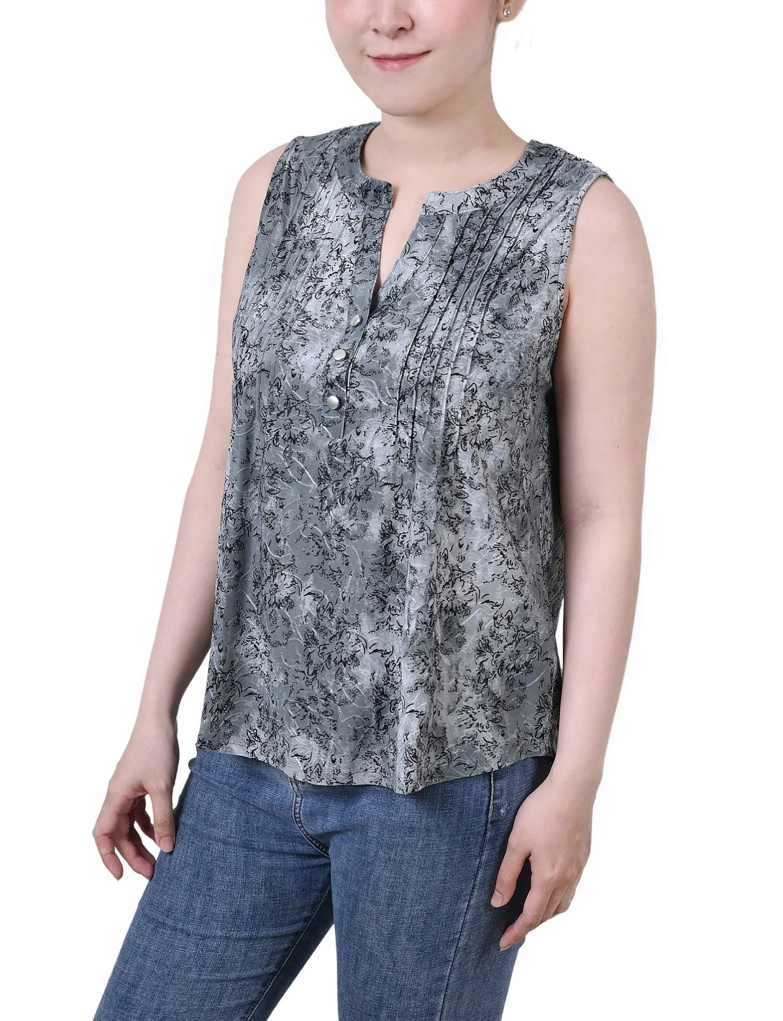 Grey Floral Sleeveless Jacquard Y Neck Top - Petite sold by Dress Barn product image thumbnail 2