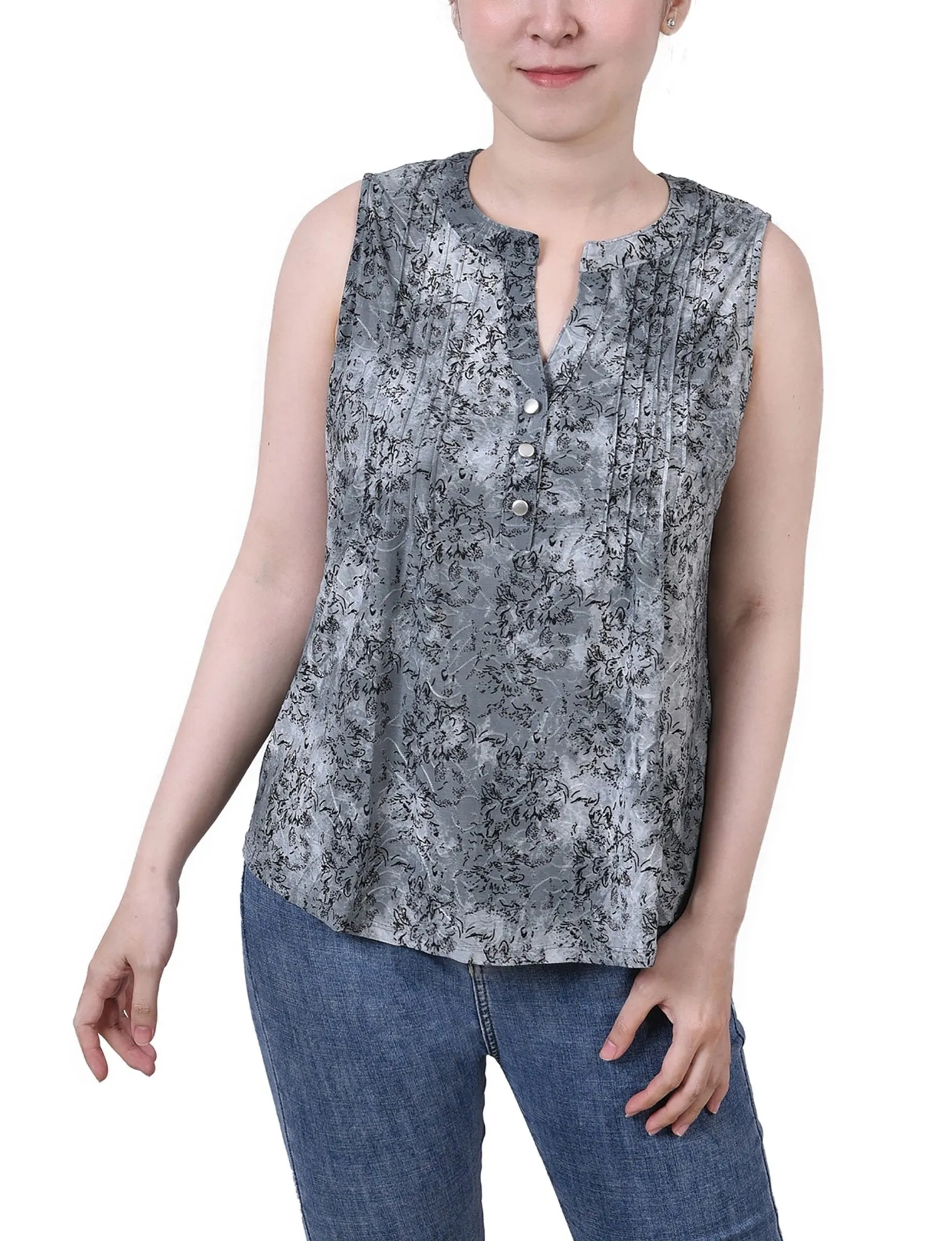 Grey Floral Sleeveless Jacquard Y Neck Top - Petite sold by Dress Barn