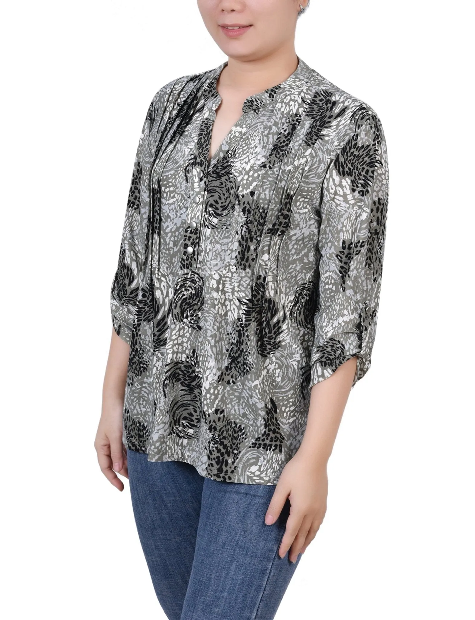 Shadow Black Animal 3/4 Sleeve Roll Tab Y Neck Top - Petite sold by Dress Barn product image thumbnail 2