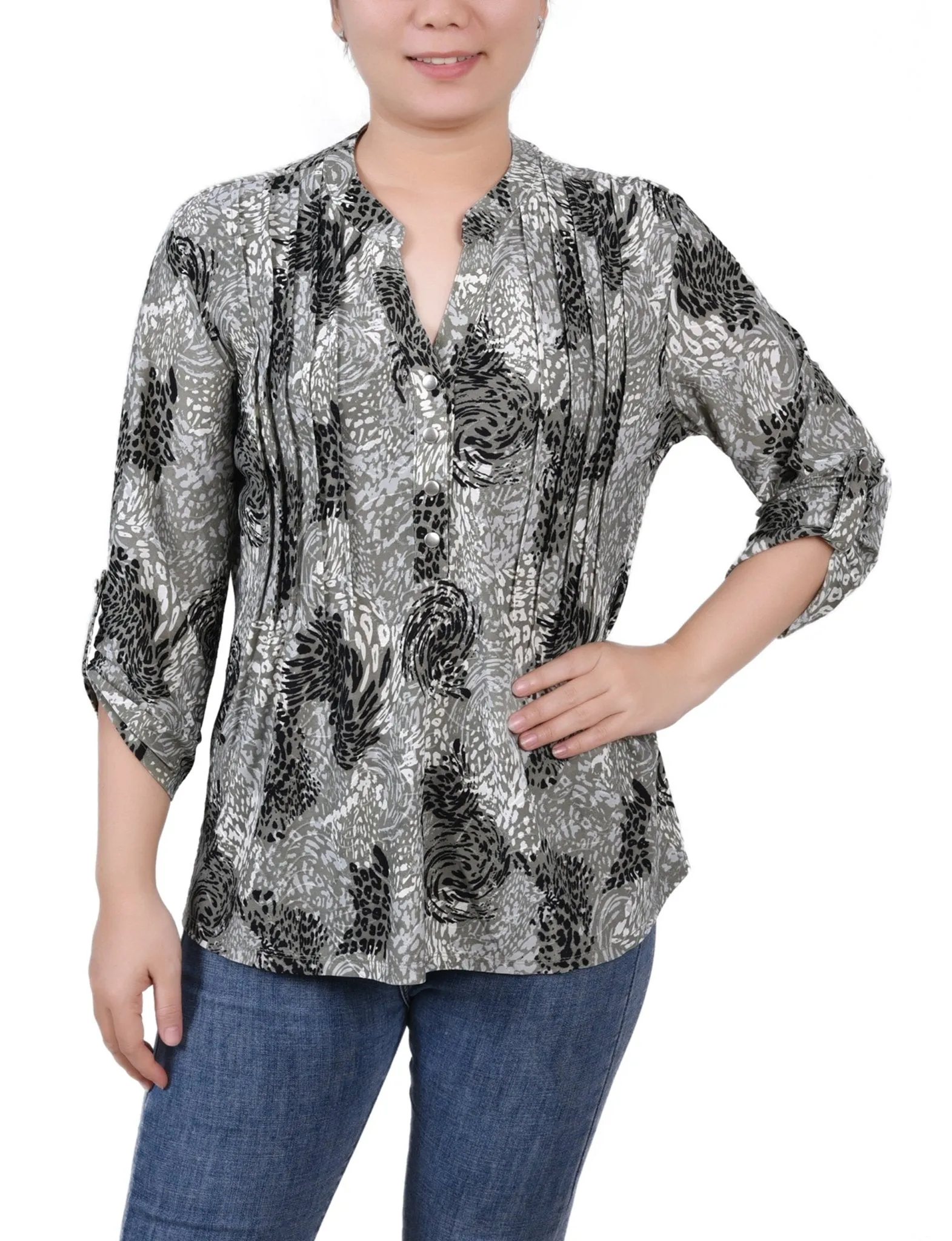Shadow Black Animal 3/4 Sleeve Roll Tab Y Neck Top - Petite sold by Dress Barn