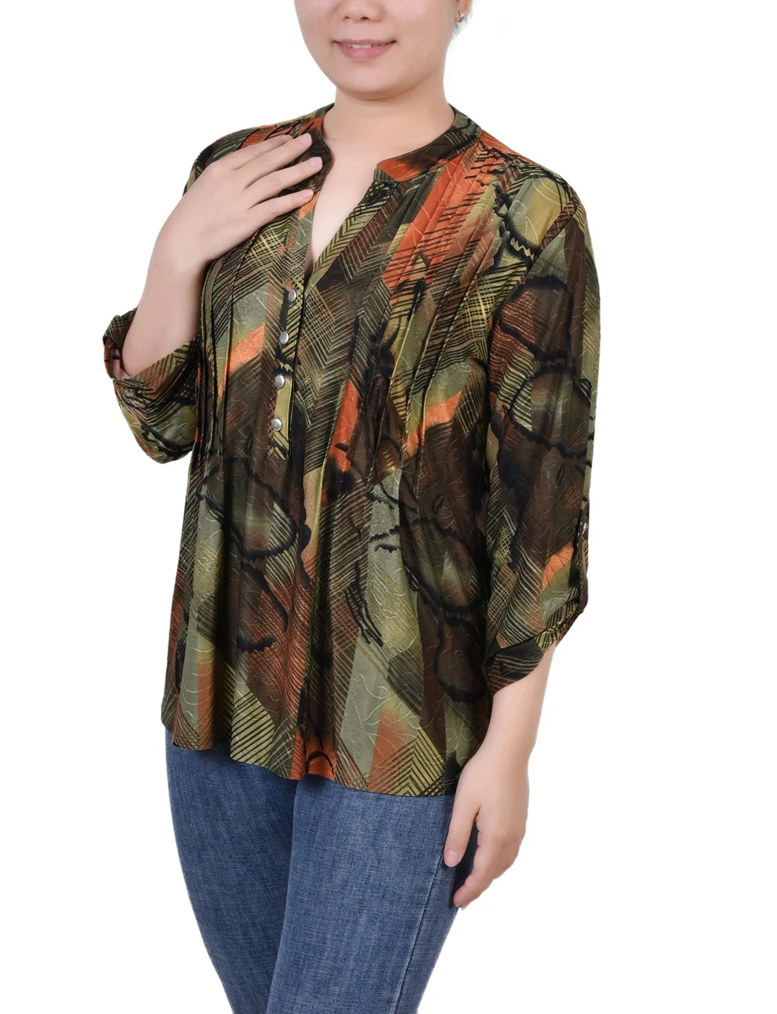 Olive Gilia 3/4 Sleeve Roll Tab Y Neck Top - Petite sold by Dress Barn product image thumbnail 2