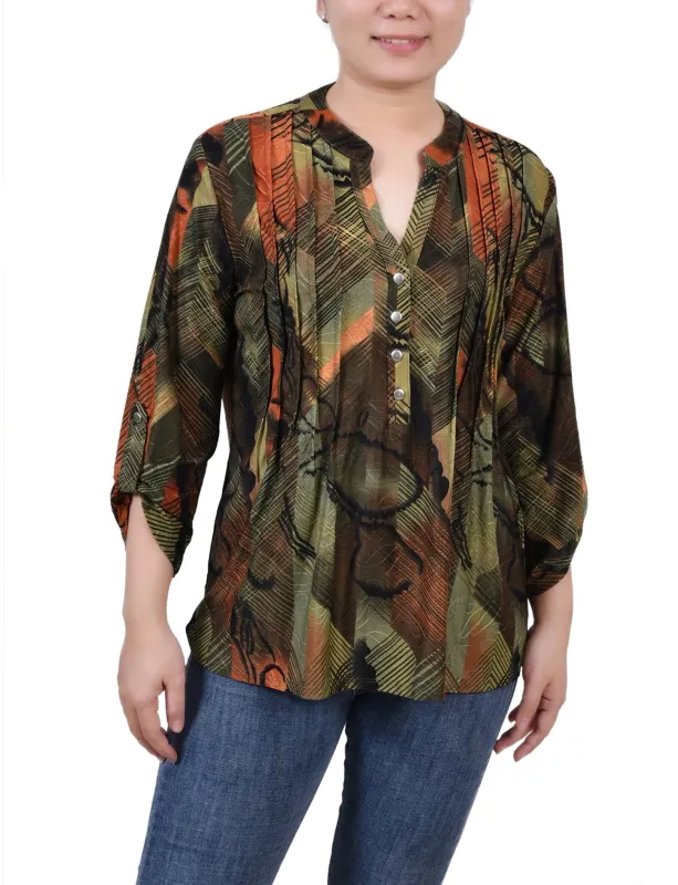 Olive Gilia 3/4 Sleeve Roll Tab Y Neck Top - Petite sold by Dress Barn
