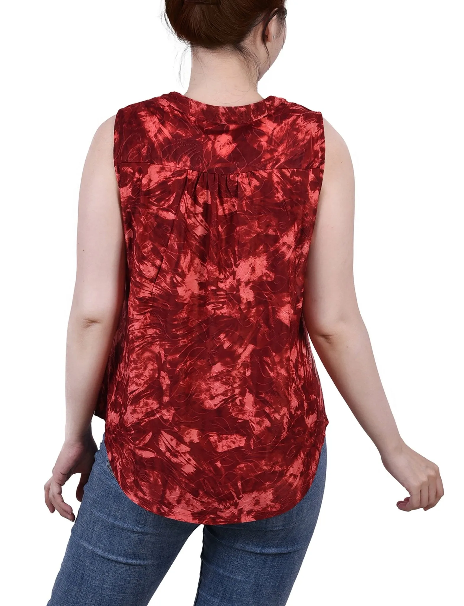 Wine Tie Dye Sleeveless Jacquard Y Neck Top - Petite sold by Dress Barn product image thumbnail 4