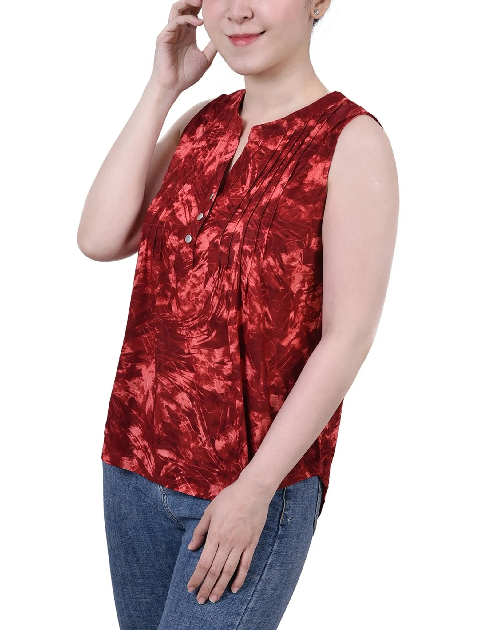 Wine Tie Dye Sleeveless Jacquard Y Neck Top - Petite sold by Dress Barn product image thumbnail 2