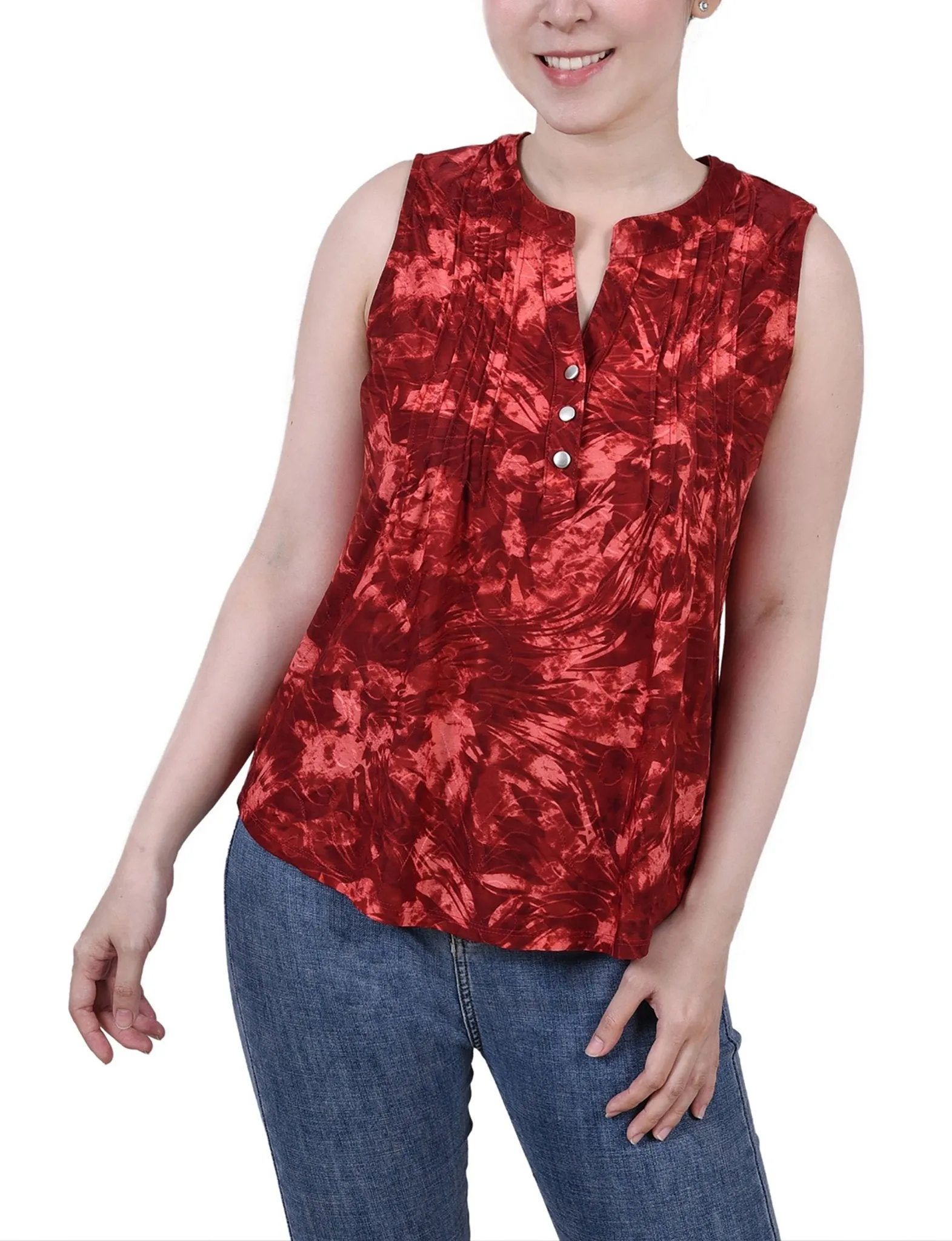 Wine Tie Dye Sleeveless Jacquard Y Neck Top - Petite sold by Dress Barn