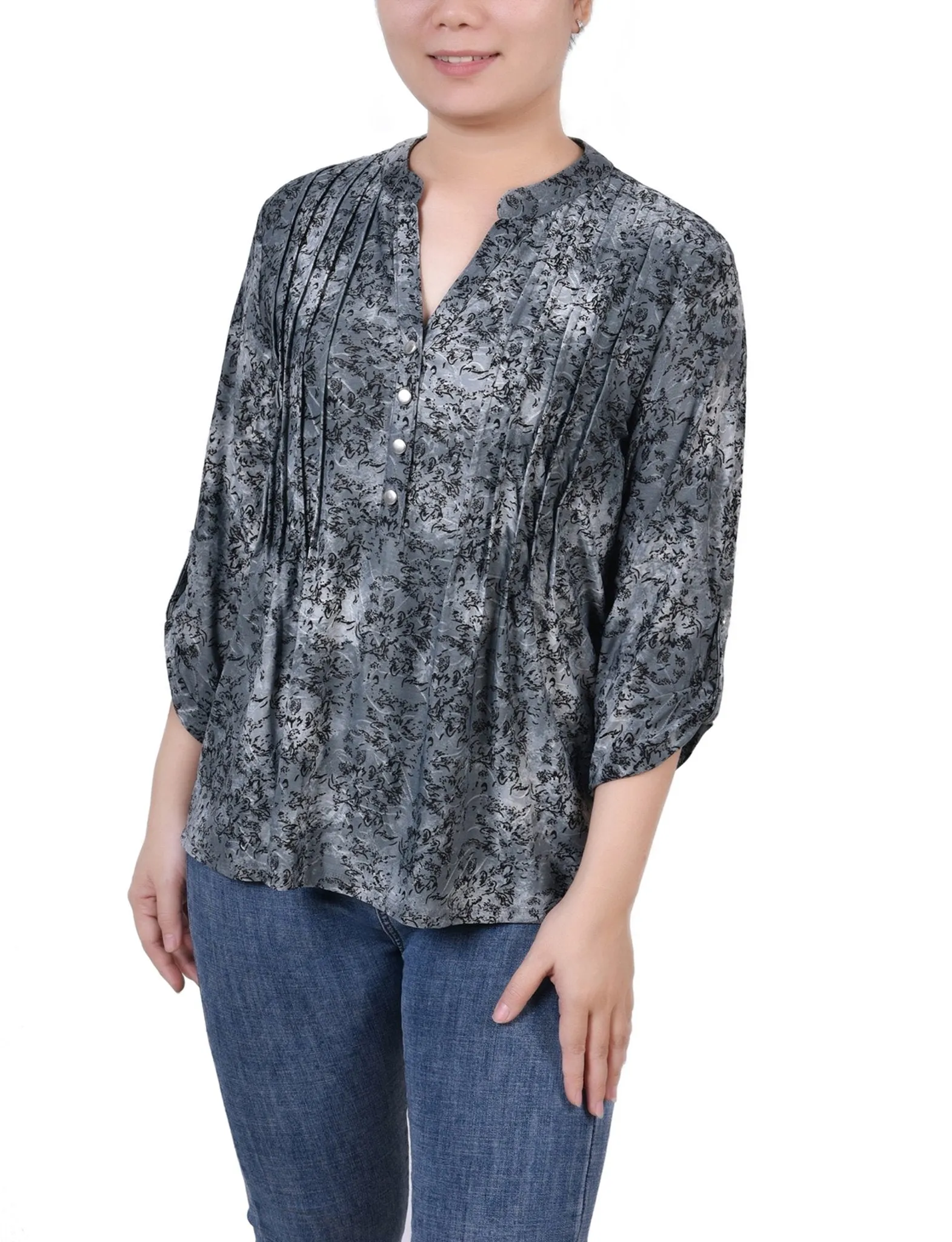 Grey Floral 3/4 Sleeve Roll Tab Y Neck Top - Petite sold by Dress Barn