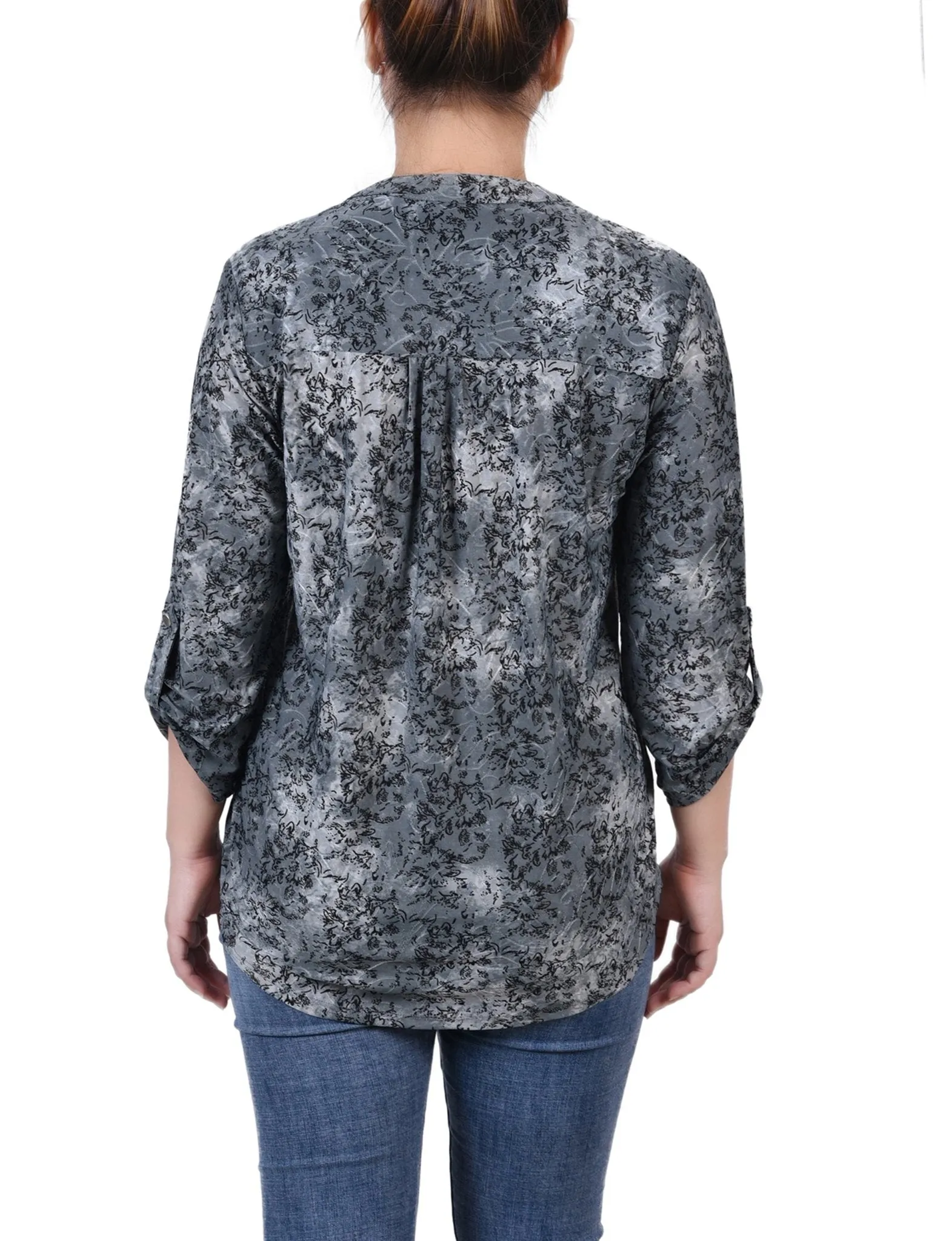 Grey Floral 3/4 Sleeve Roll Tab Y Neck Top - Petite sold by Dress Barn product image thumbnail 4
