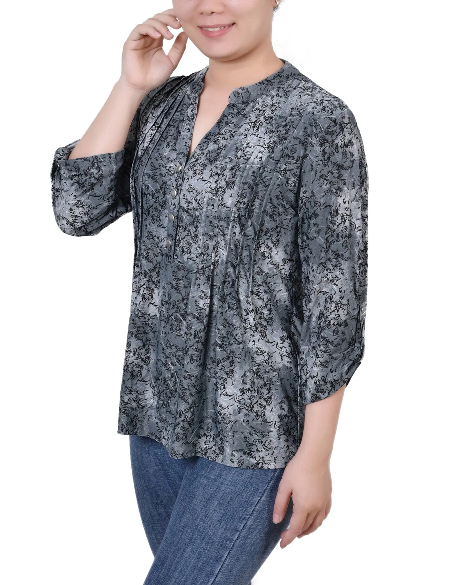 Grey Floral 3/4 Sleeve Roll Tab Y Neck Top - Petite sold by Dress Barn product image thumbnail 2