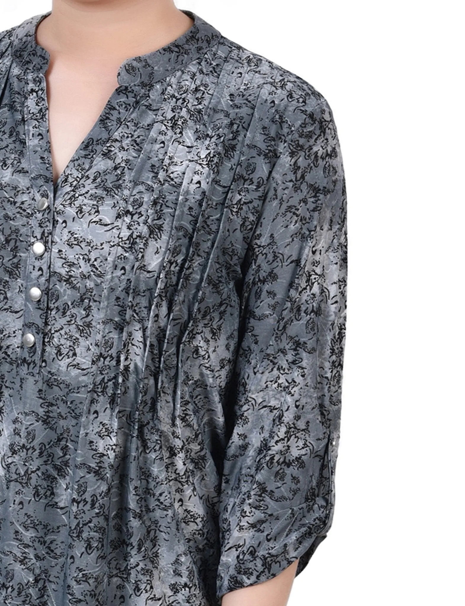 Grey Floral 3/4 Sleeve Roll Tab Y Neck Top - Petite sold by Dress Barn product image thumbnail 3