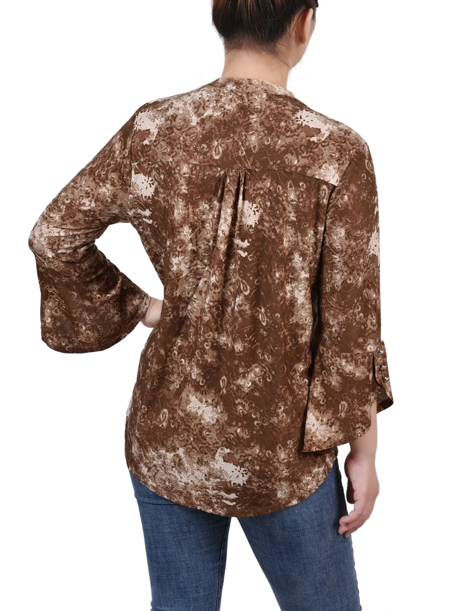 Taupe Geobreeze 3/4 Sleeve Overlapped Bell Sleeve Y Neck Top - Petite sold by Dress Barn product image thumbnail 4