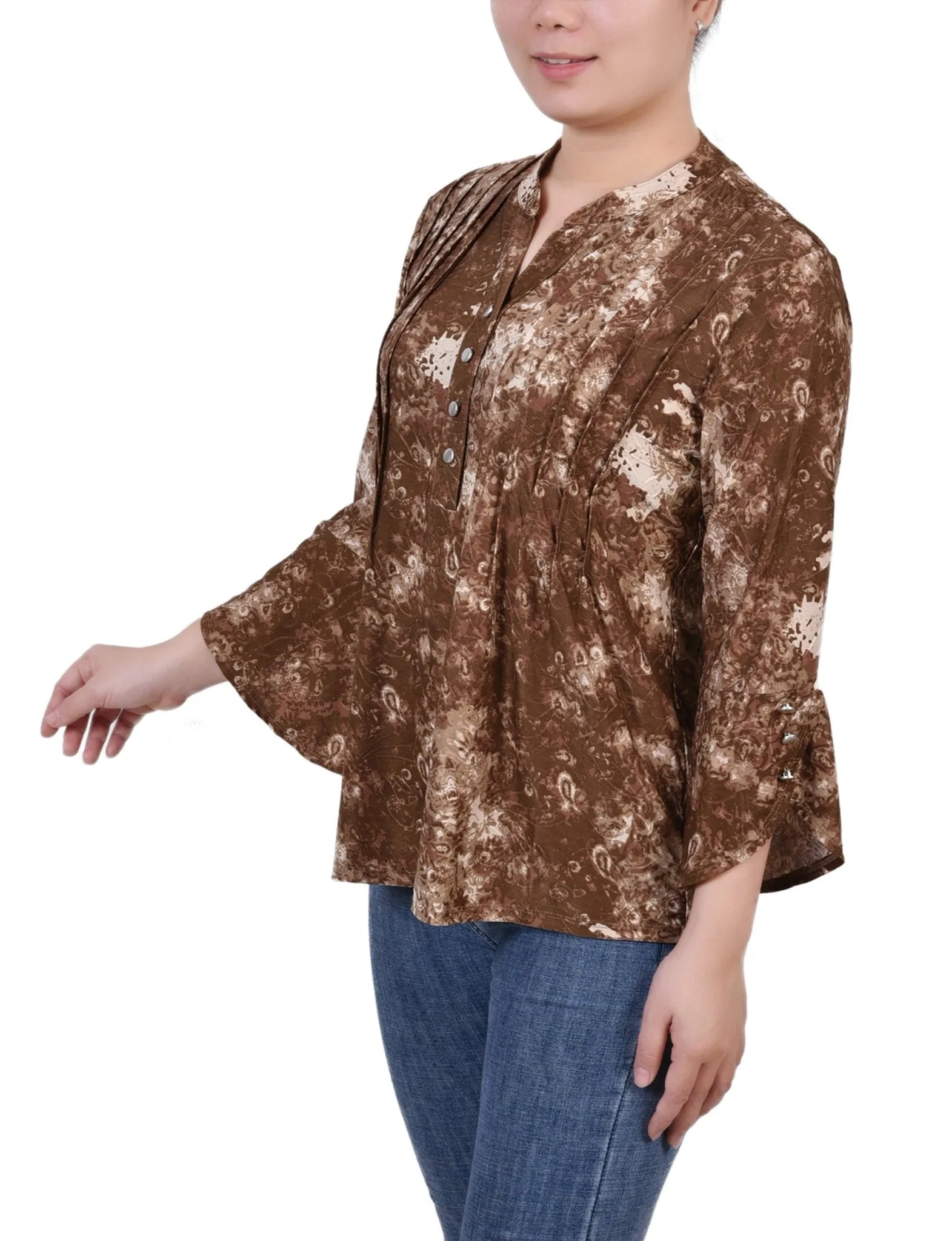 Taupe Geobreeze 3/4 Sleeve Overlapped Bell Sleeve Y Neck Top - Petite sold by Dress Barn product image thumbnail 2