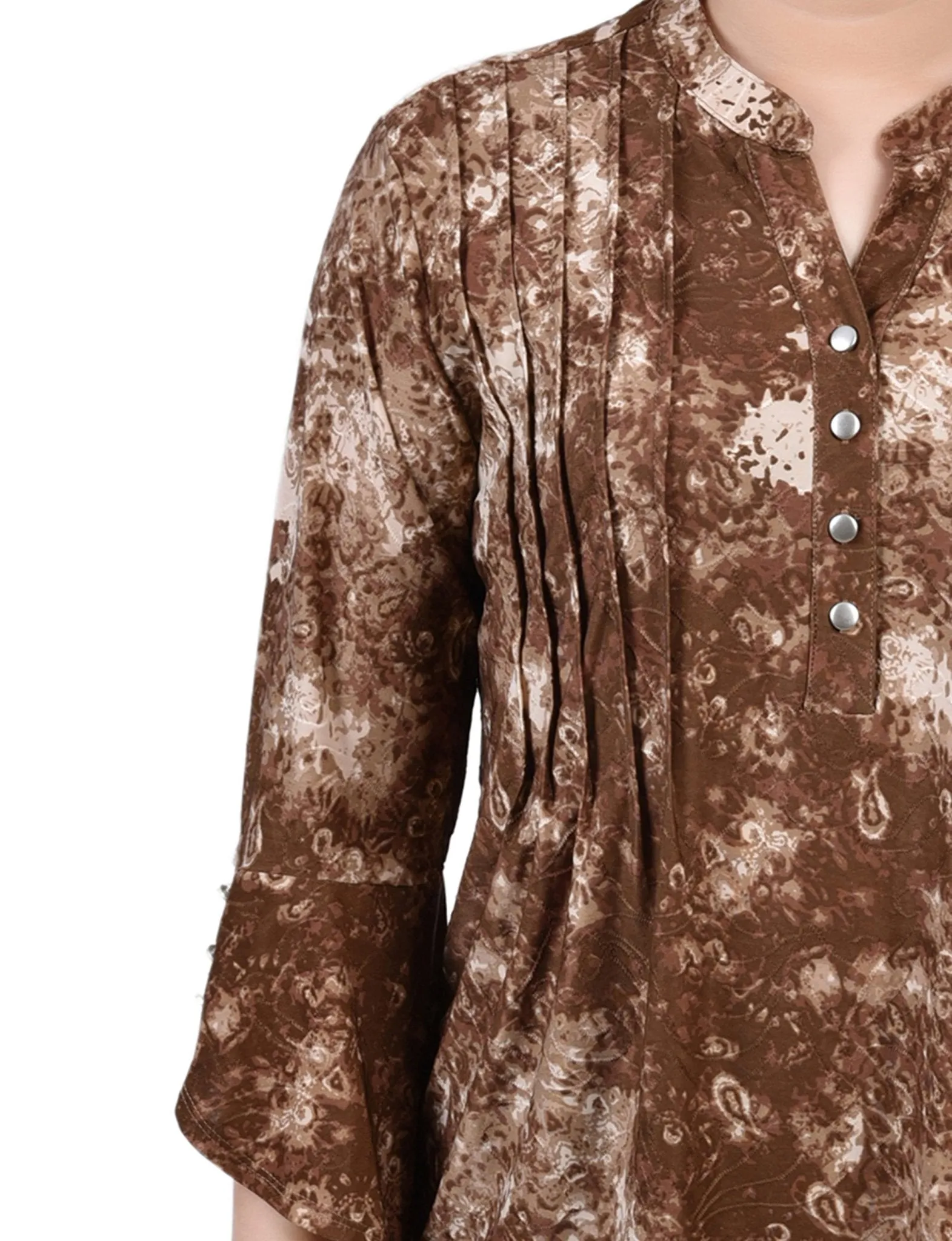 Taupe Geobreeze 3/4 Sleeve Overlapped Bell Sleeve Y Neck Top - Petite sold by Dress Barn product image thumbnail 3