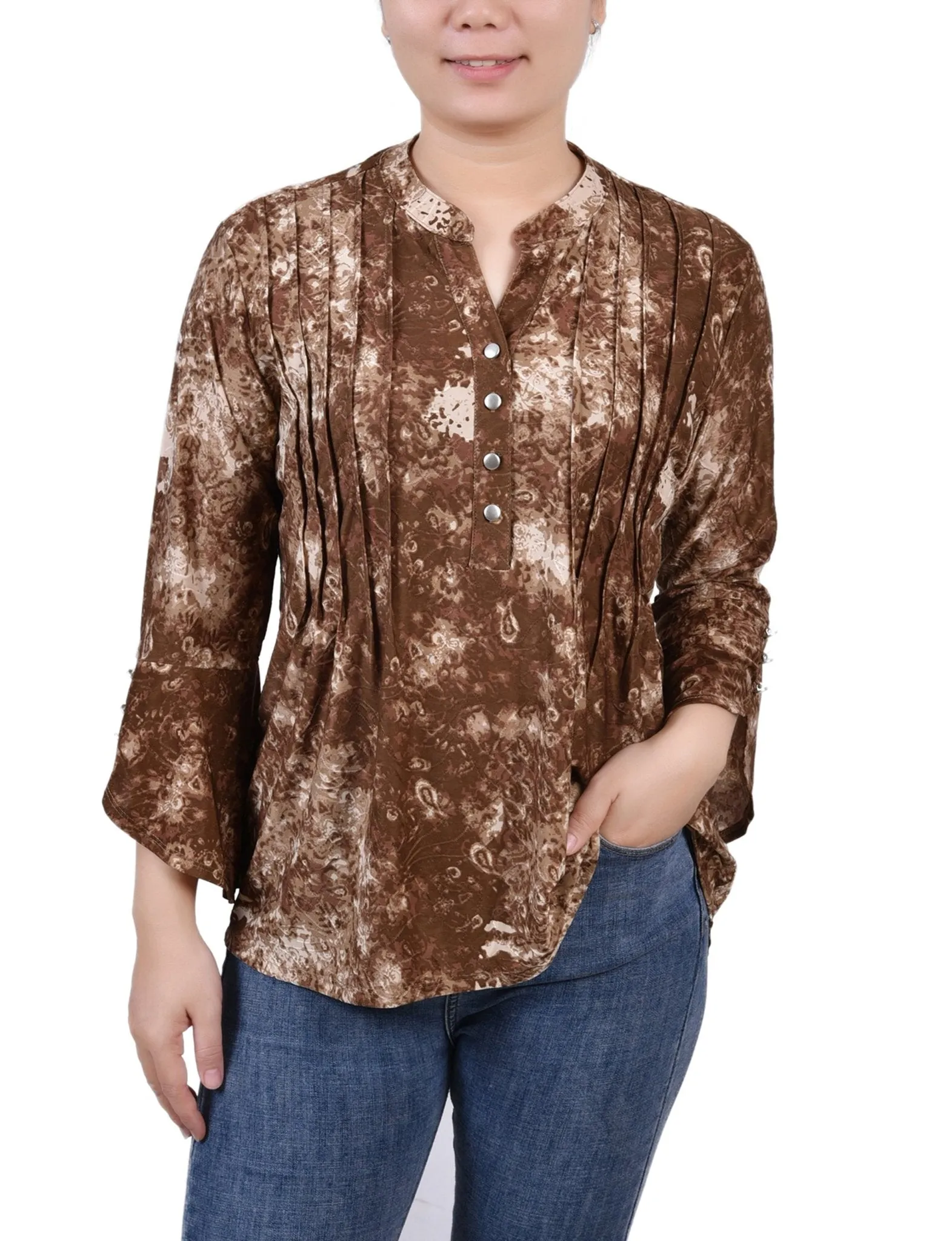 Taupe Geobreeze 3/4 Sleeve Overlapped Bell Sleeve Y Neck Top - Petite sold by Dress Barn