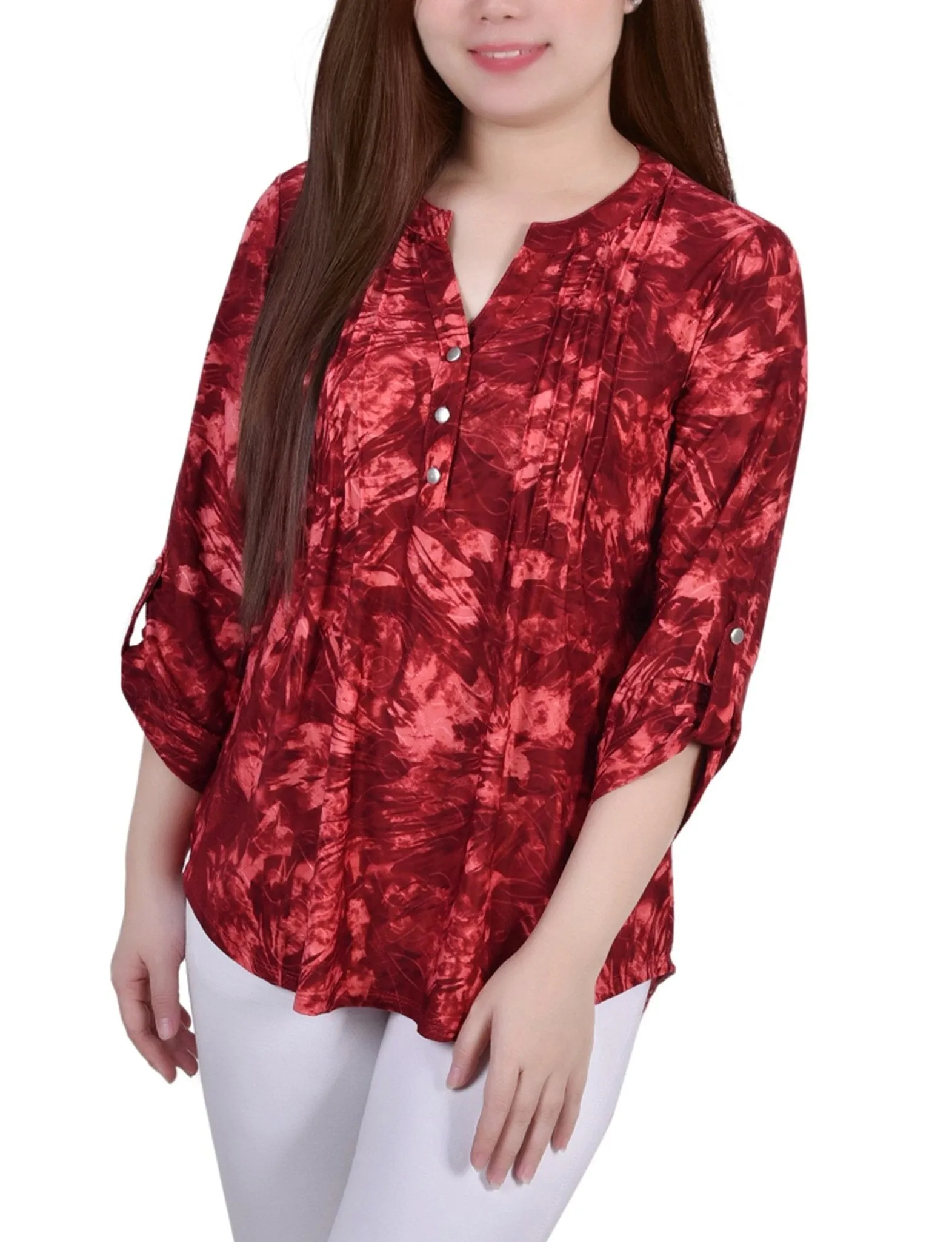 Wine Tiedye 3/4 Sleeve Blouse With Necklace - Petite sold by Dress Barn