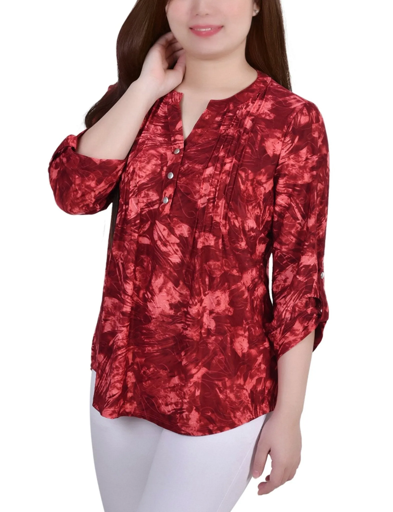 Wine Tiedye 3/4 Sleeve Blouse With Necklace - Petite sold by Dress Barn product image thumbnail 2