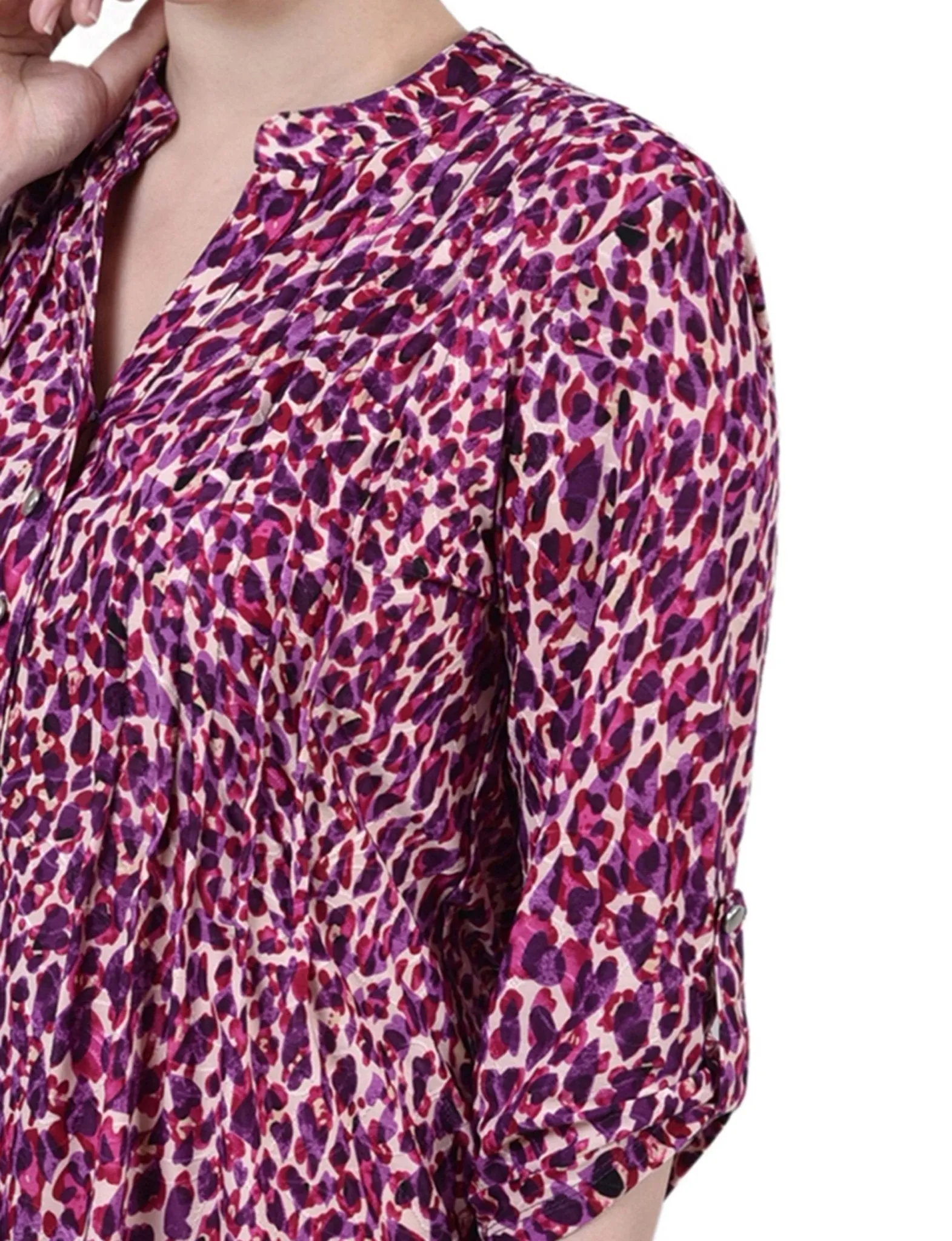 Plum Leopard 3/4 Sleeve Roll Tab Y Neck Top - Petite sold by Dress Barn product image thumbnail 3