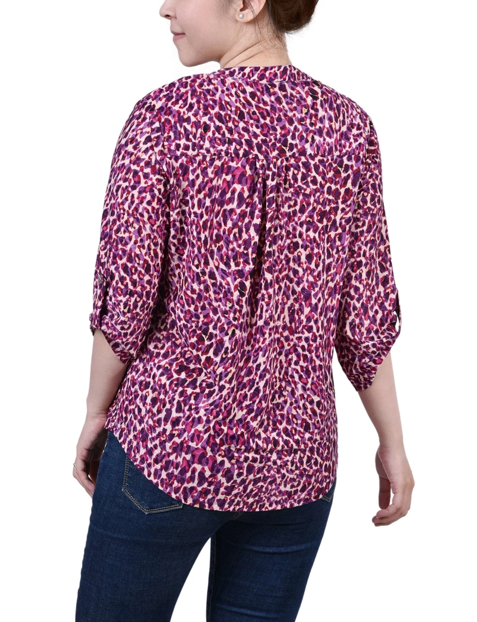 Plum Leopard 3/4 Sleeve Roll Tab Y Neck Top - Petite sold by Dress Barn product image thumbnail 4
