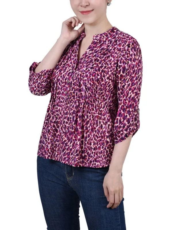 Plum Leopard 3/4 Sleeve Roll Tab Y Neck Top - Petite sold by Dress Barn