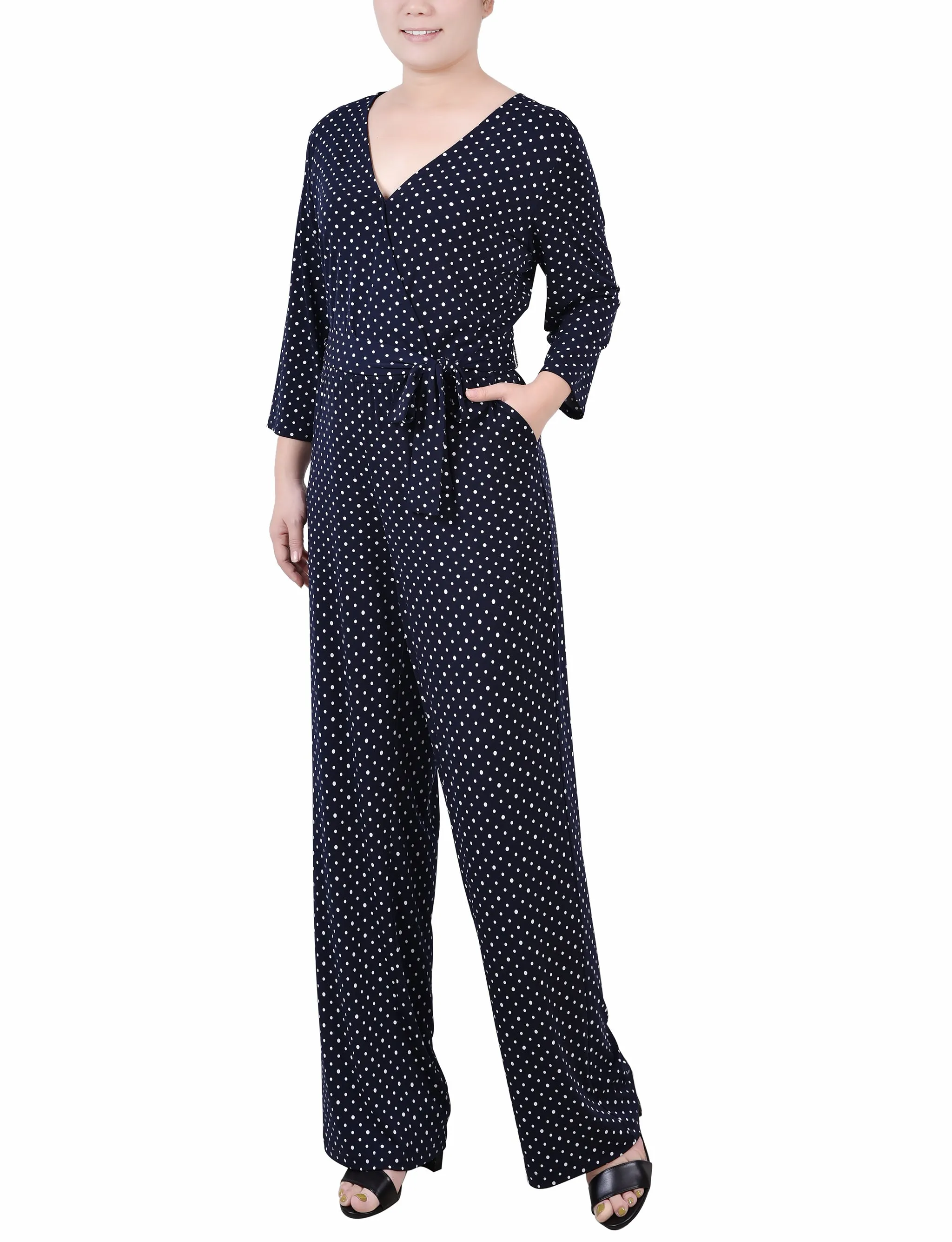 Navy Polka Dot 3/4 Sleeve Belted Jumpsuit - Petite sold by Dress Barn product image thumbnail 2
