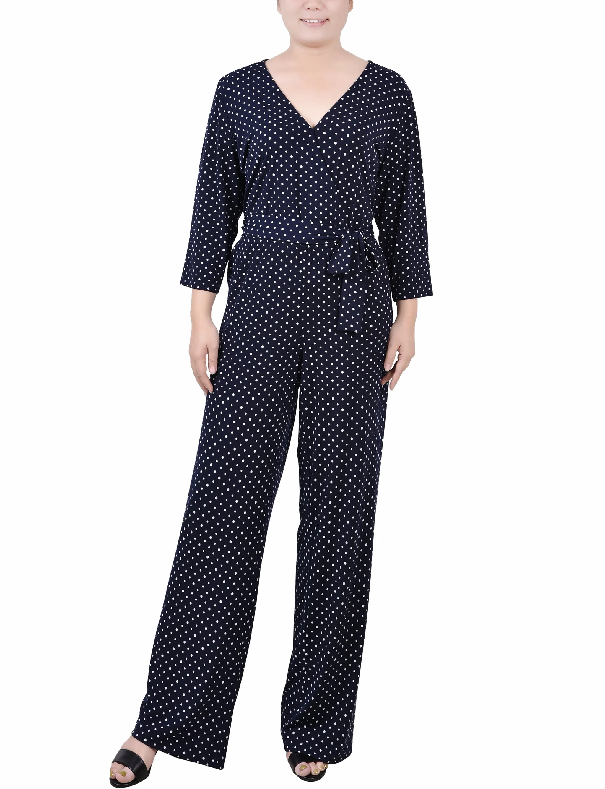 Navy Polka Dot 3/4 Sleeve Belted Jumpsuit - Petite sold by Dress Barn