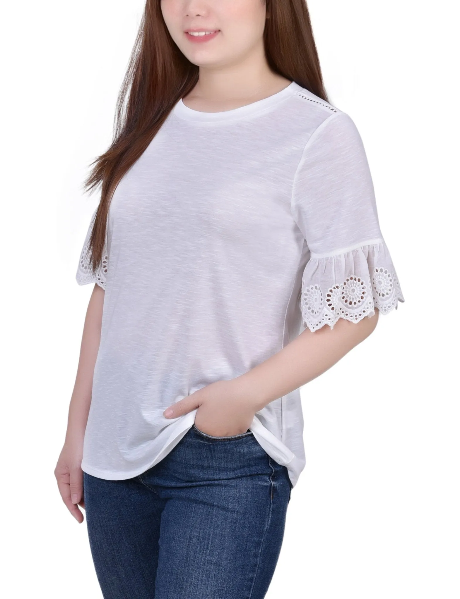 White Short Bell Sleeve Slubbed Top - Petite sold by Dress Barn product image thumbnail 2