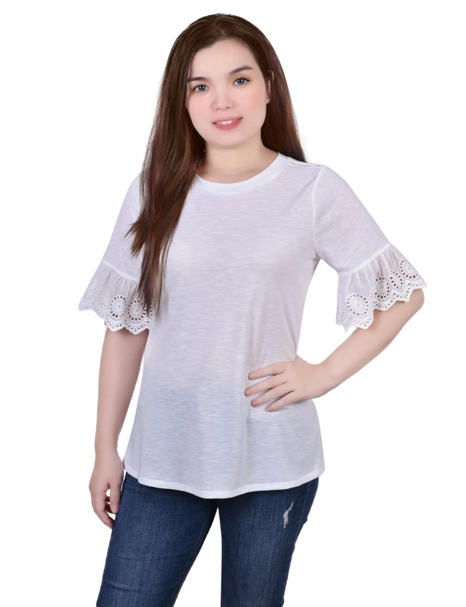 White Short Bell Sleeve Slubbed Top - Petite sold by Dress Barn