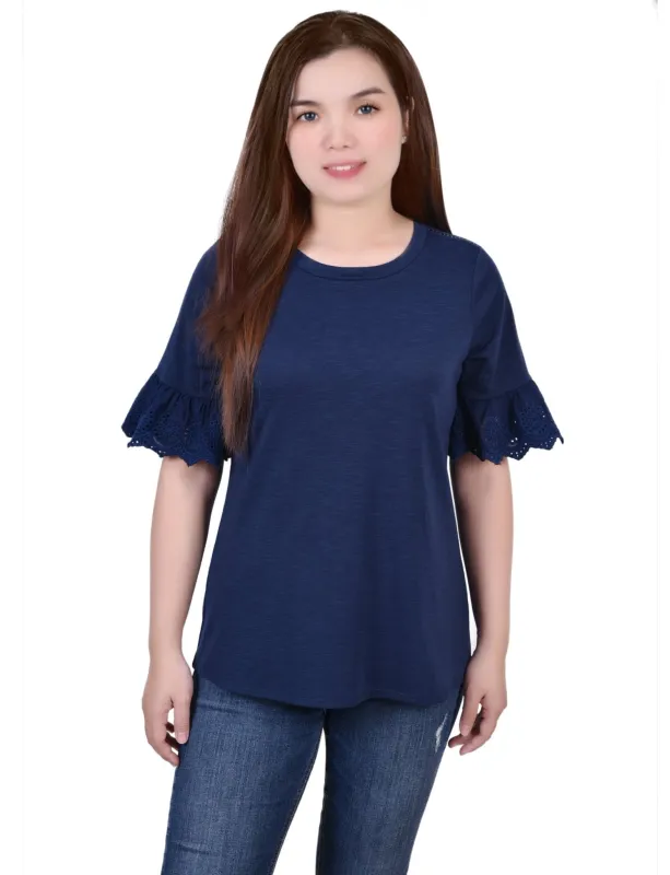 Navy Short Bell Sleeve Slubbed Top - Petite sold by Dress Barn
