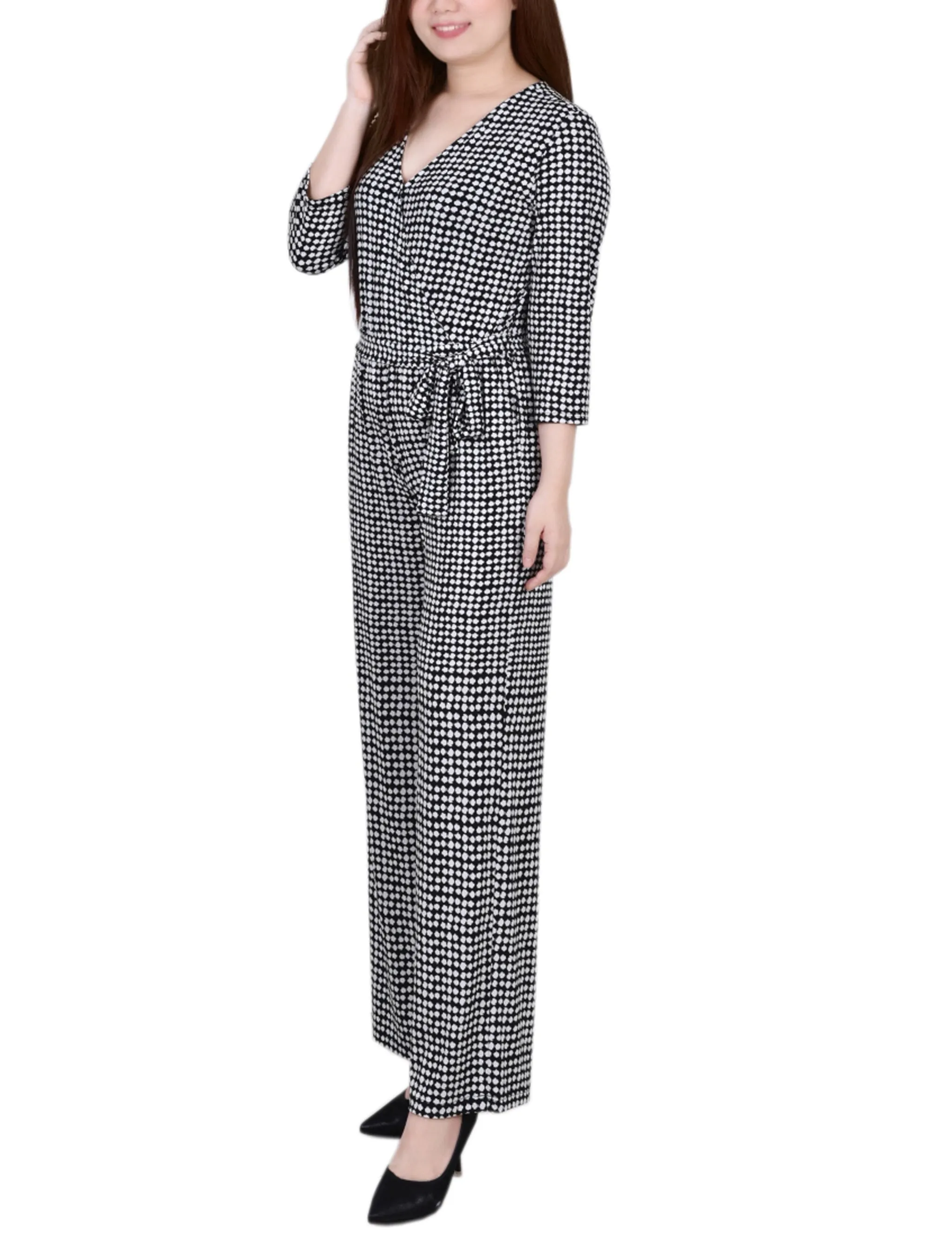 Black Polka Dot 3/4 Sleeve Belted Jumpsuit - Petite sold by Dress Barn product image thumbnail 2