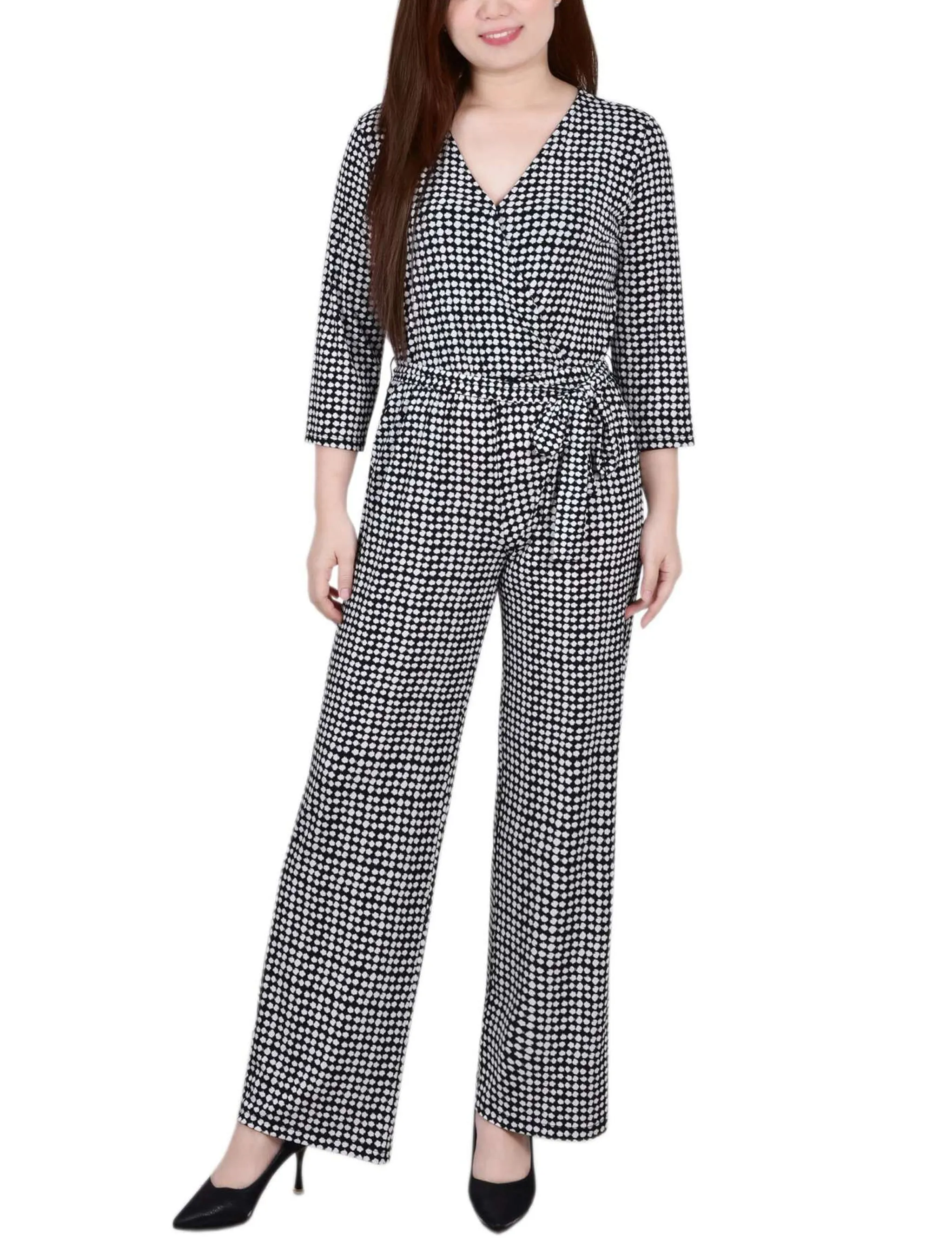 Black Polka Dot 3/4 Sleeve Belted Jumpsuit - Petite sold by Dress Barn