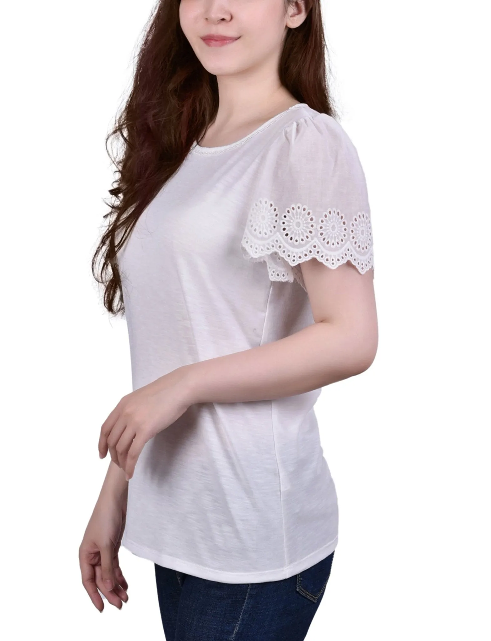 White Short Flutter Eyelet Sleeve Pullover - Petite sold by Dress Barn product image thumbnail 2