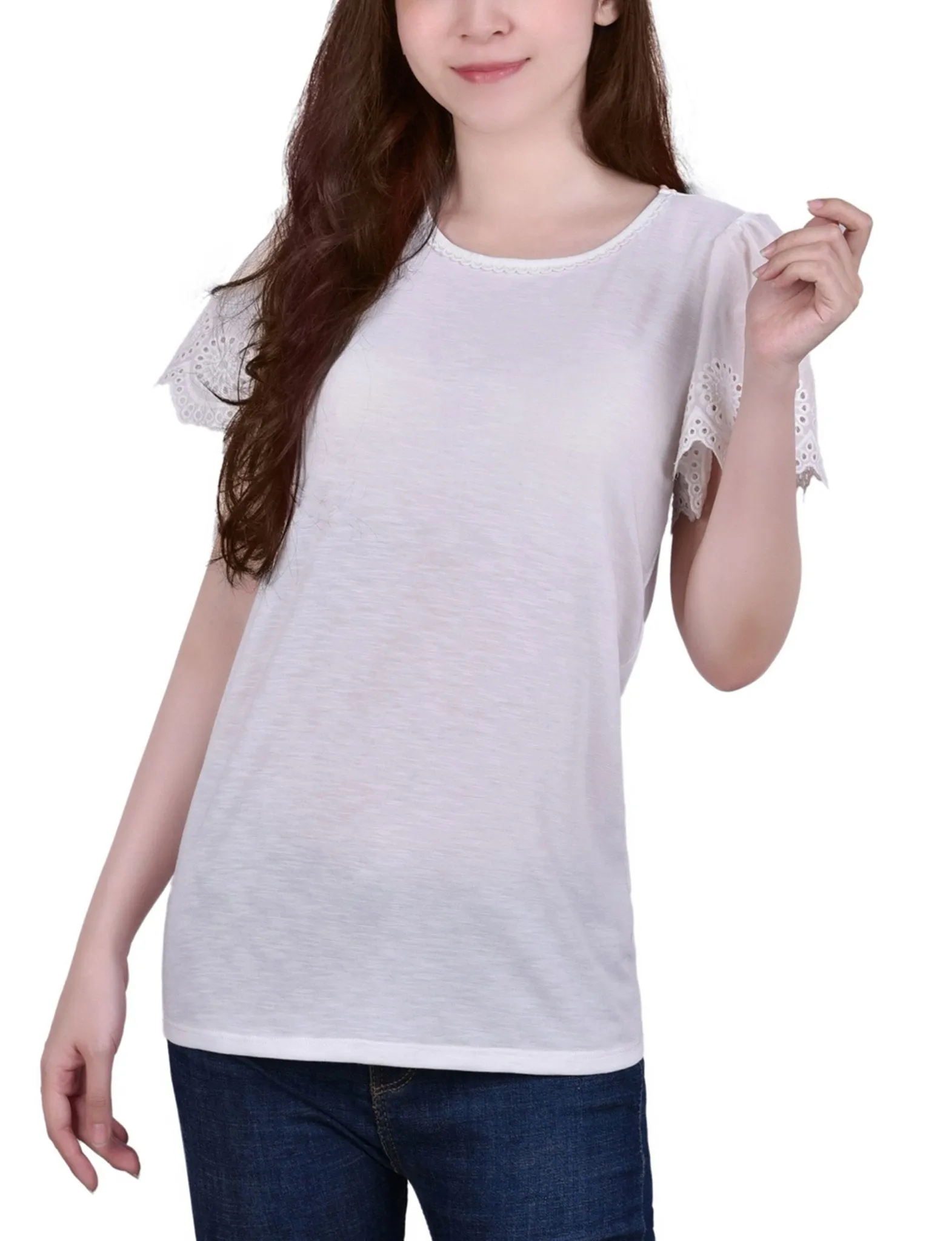 White Short Flutter Eyelet Sleeve Pullover - Petite sold by Dress Barn