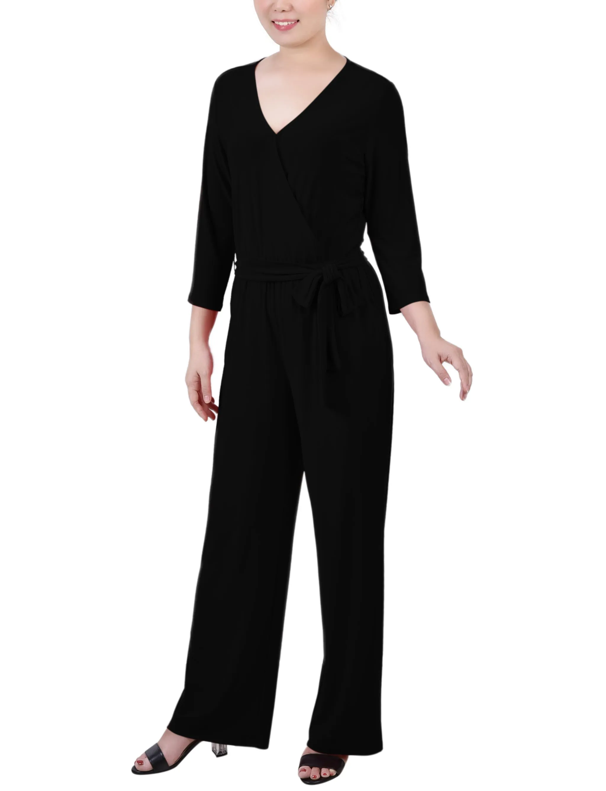 Black 3/4 Sleeve Belted Jumpsuit - Petite sold by Dress Barn