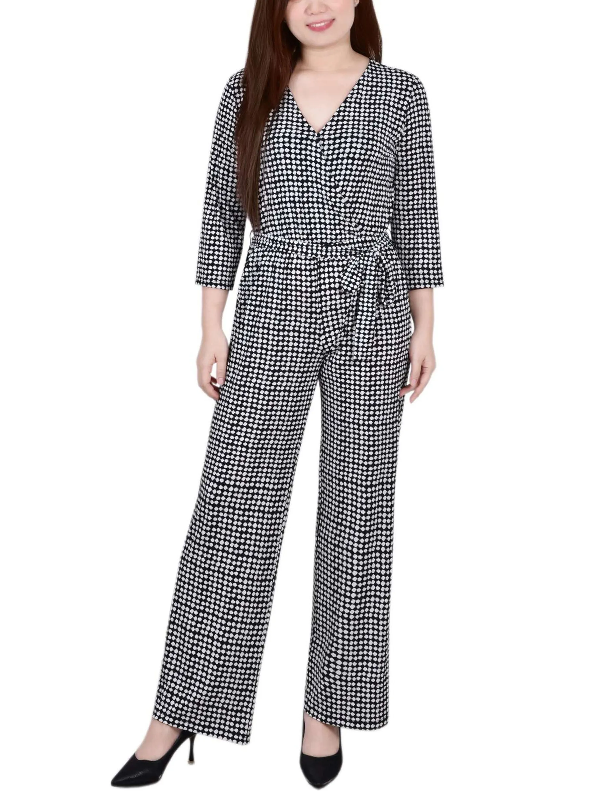 Polka Dot 3/4 Sleeve Belted Jumpsuit - Petite Short sold by Dress Barn