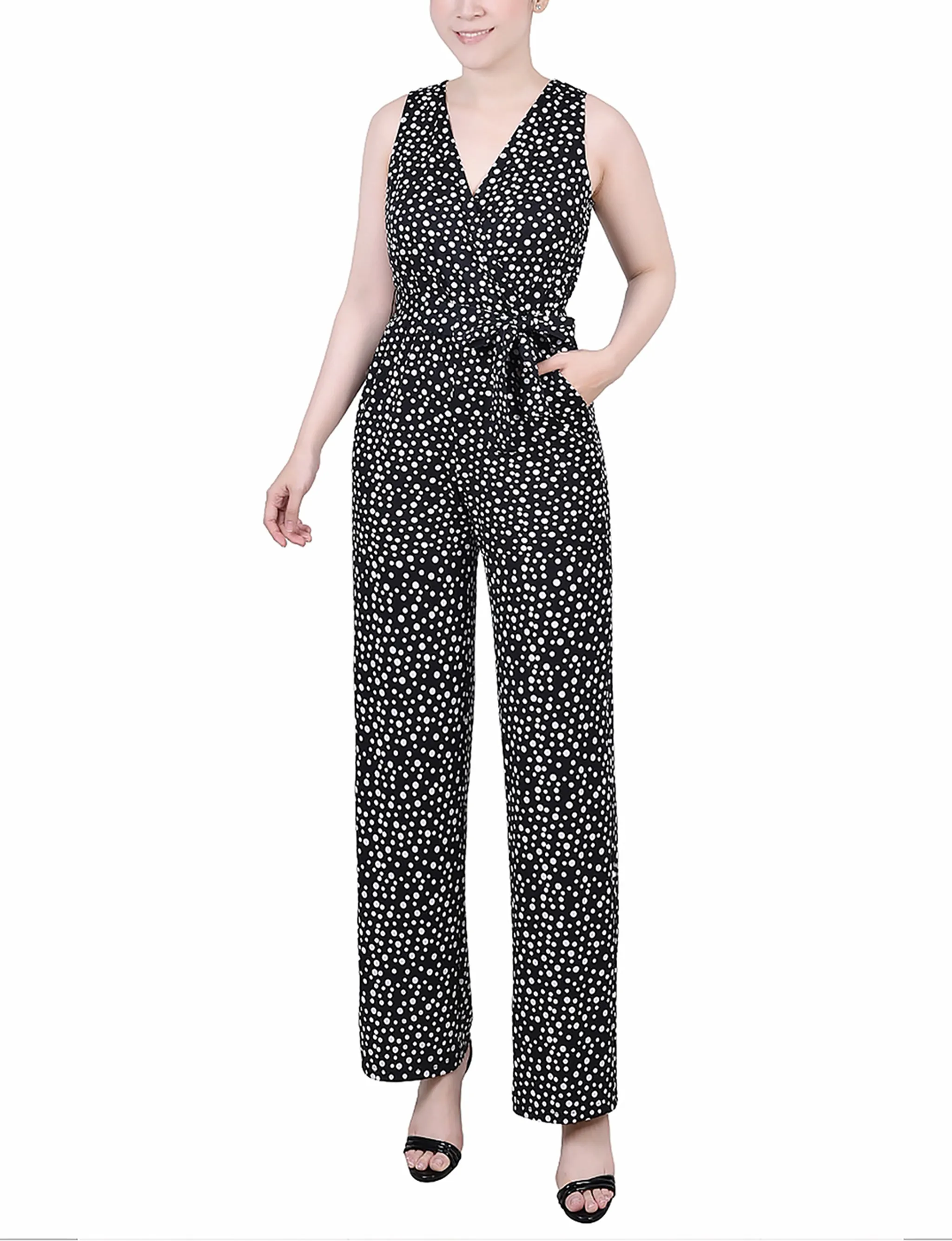 Black Polka Dot Sleeveless Belted Jumpsuit - Petite sold by Dress Barn