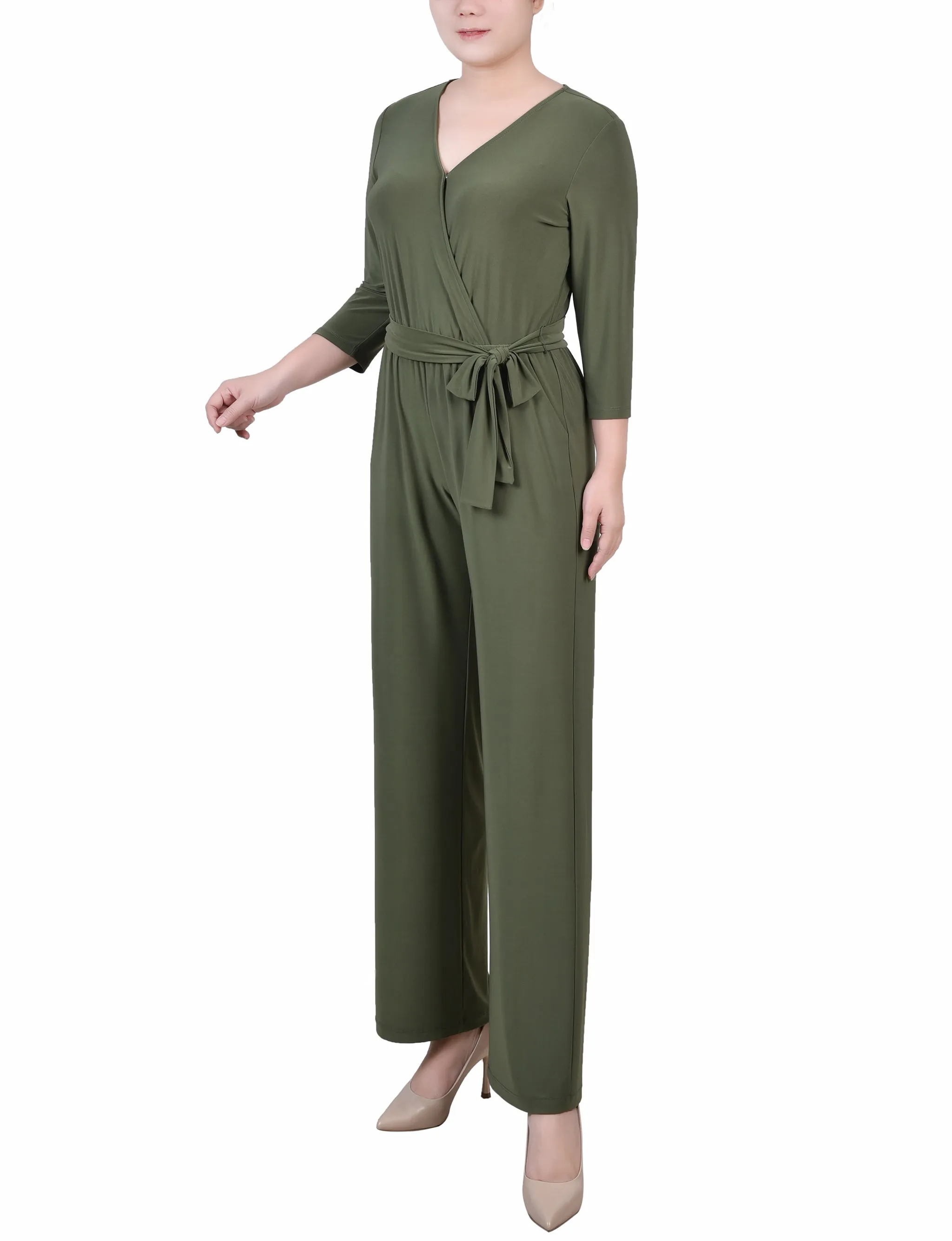 Olive Short 3/4 Sleeve Belted Jumpsuit - Petite sold by Dress Barn product image thumbnail 2