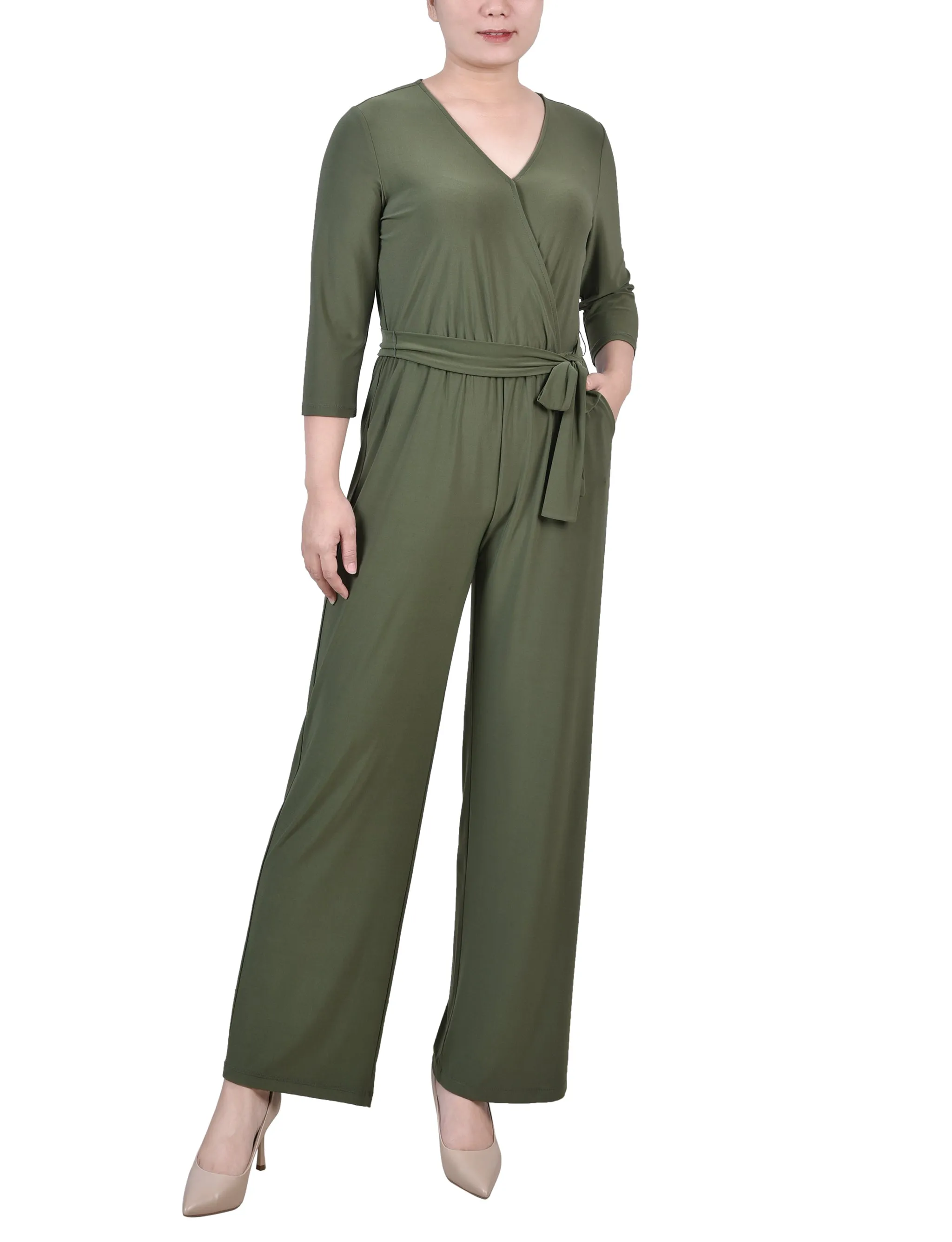 Olive Short 3/4 Sleeve Belted Jumpsuit - Petite sold by Dress Barn