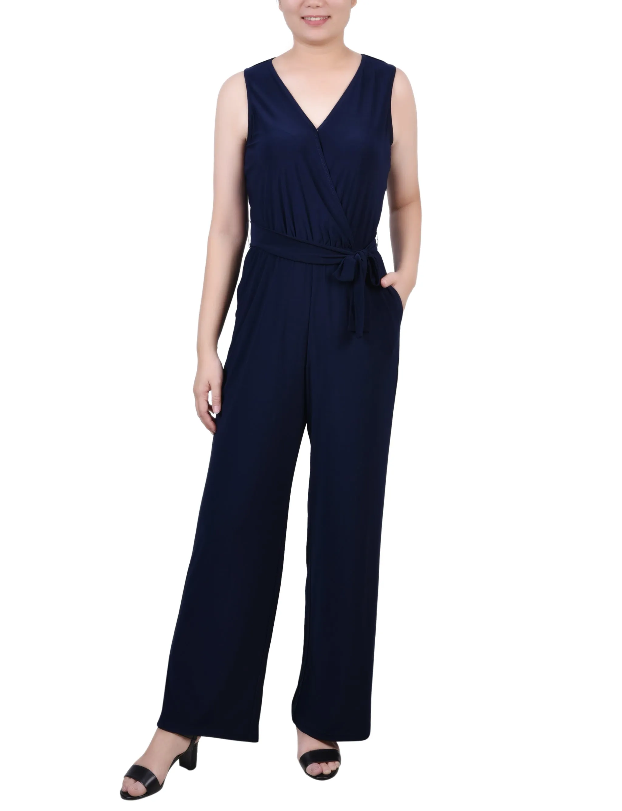 Navy Sleeveless Belted Jumpsuit - Petite sold by Dress Barn