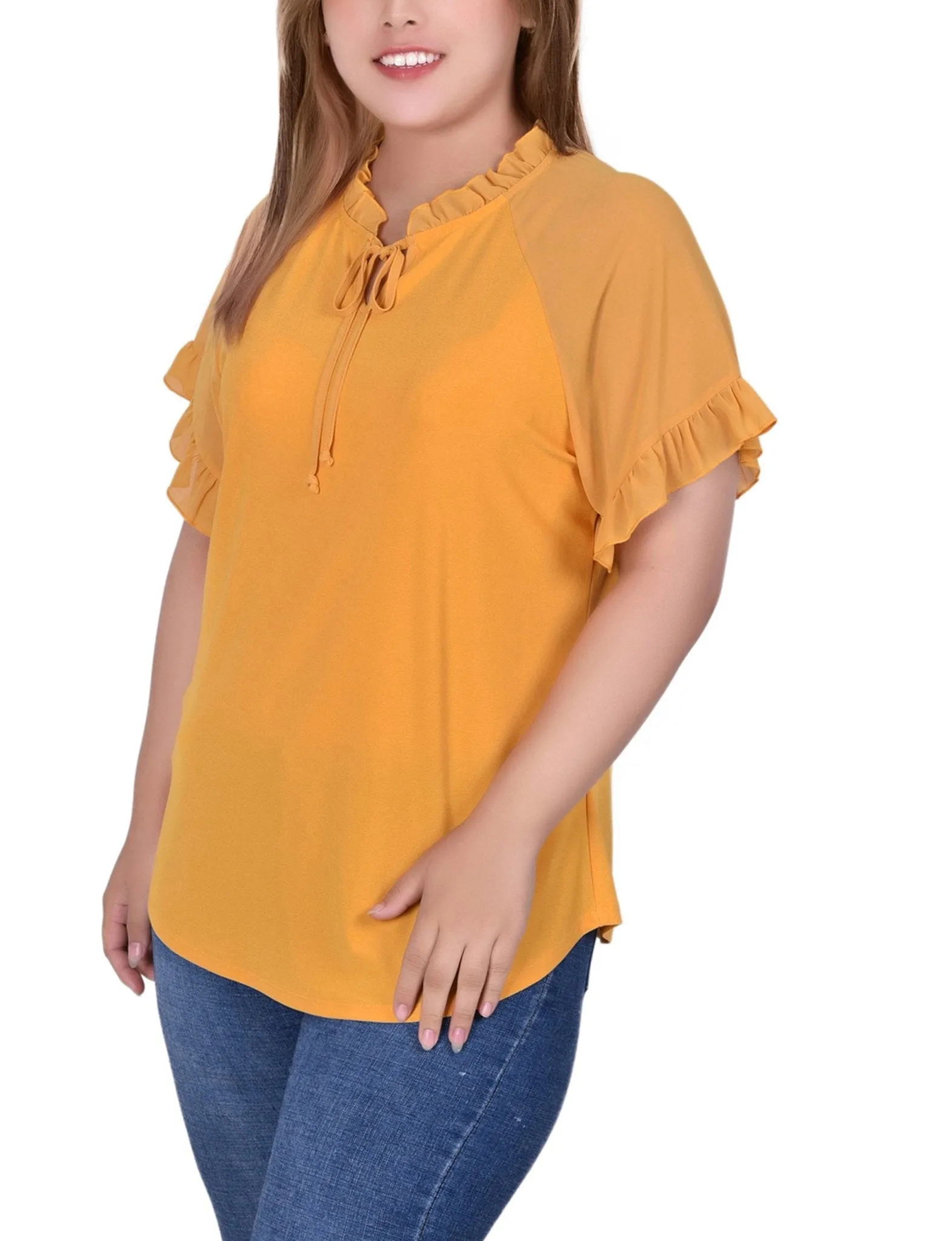 Golden Glow Short Ruffled Sleeve Crepe Knit Top With Chiffon Sleeves - Plus sold by Dress Barn product image thumbnail 2