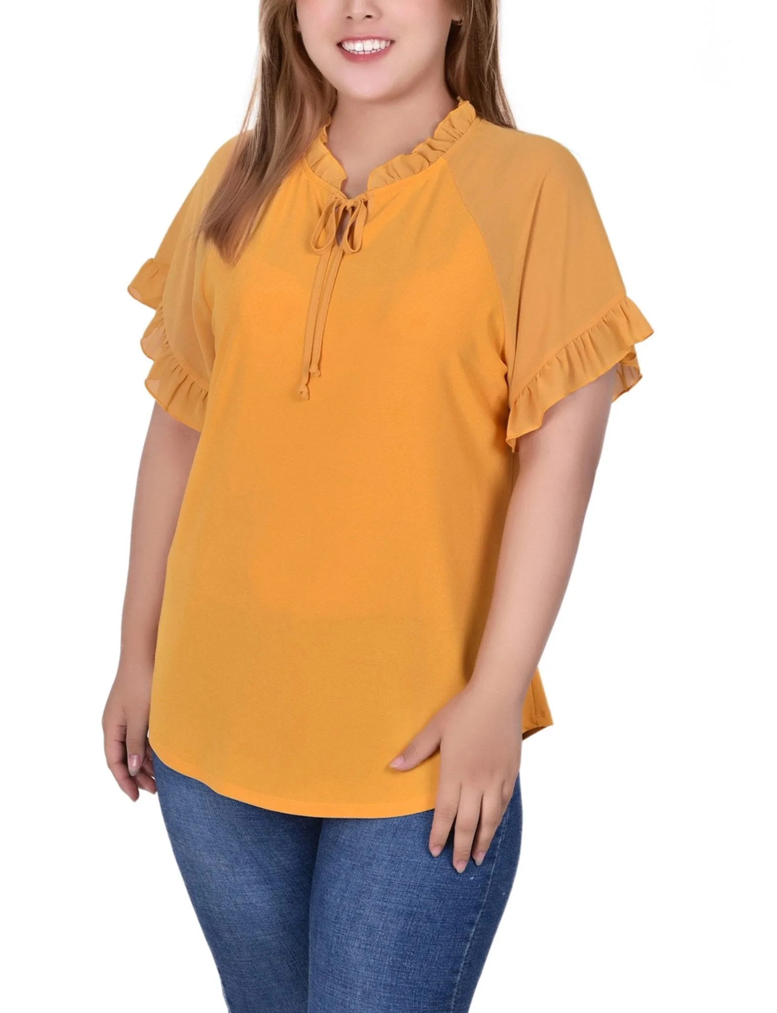 Golden Glow Short Ruffled Sleeve Crepe Knit Top With Chiffon Sleeves - Plus sold by Dress Barn