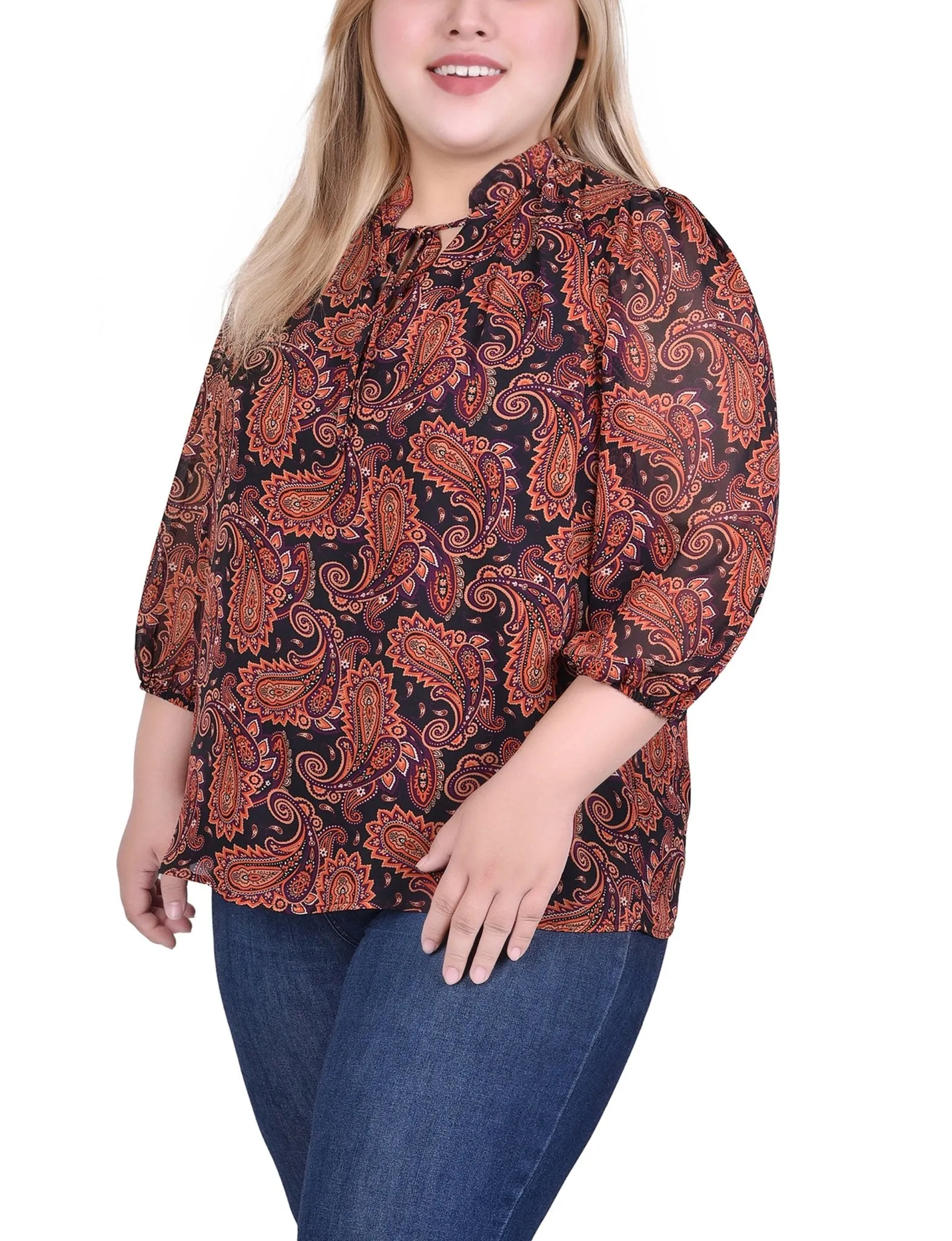 Rust Black Paisley 3/4 Sleeve Chiffon Blouse - Plus sold by Dress Barn product image thumbnail 2