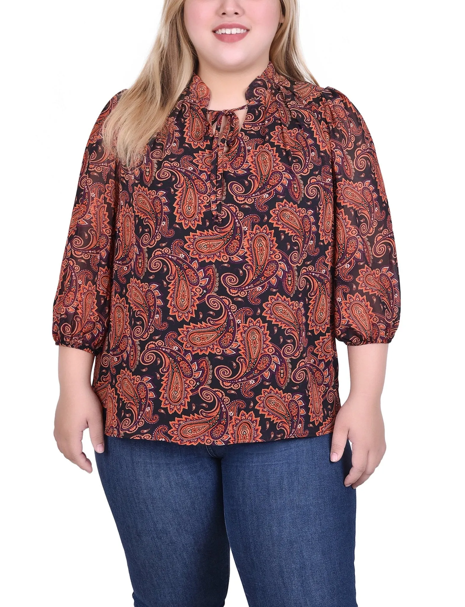 Rust Black Paisley 3/4 Sleeve Chiffon Blouse - Plus sold by Dress Barn